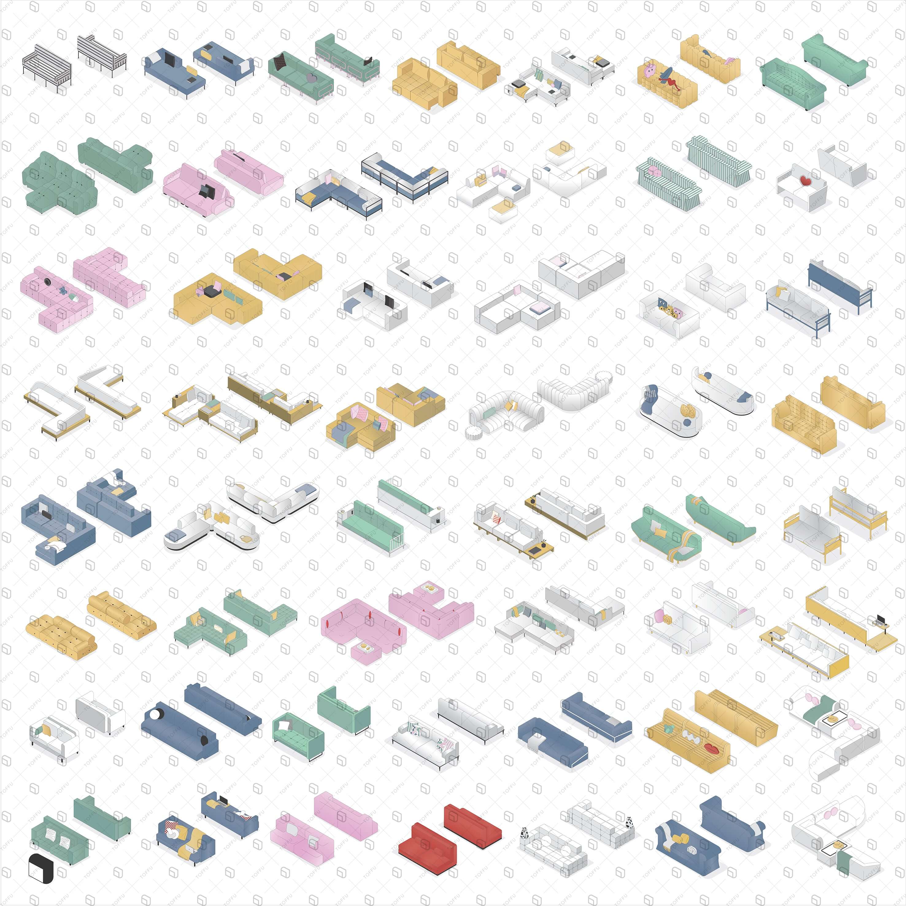 Axonometric Interior Sofas Digital Artwork drawings | Toffu Co