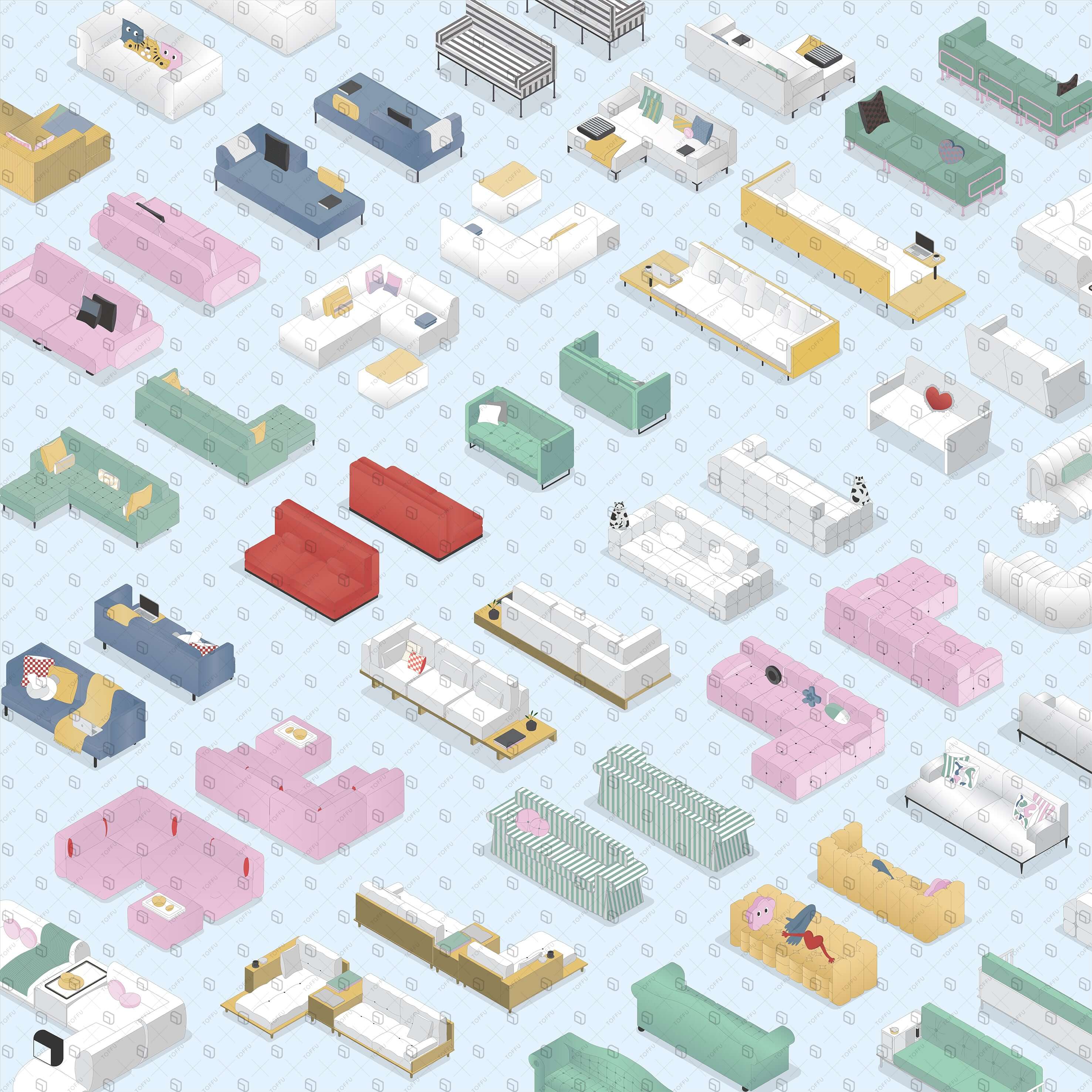 Axonometric Interior Sofas Digital Artwork drawings | Toffu Co