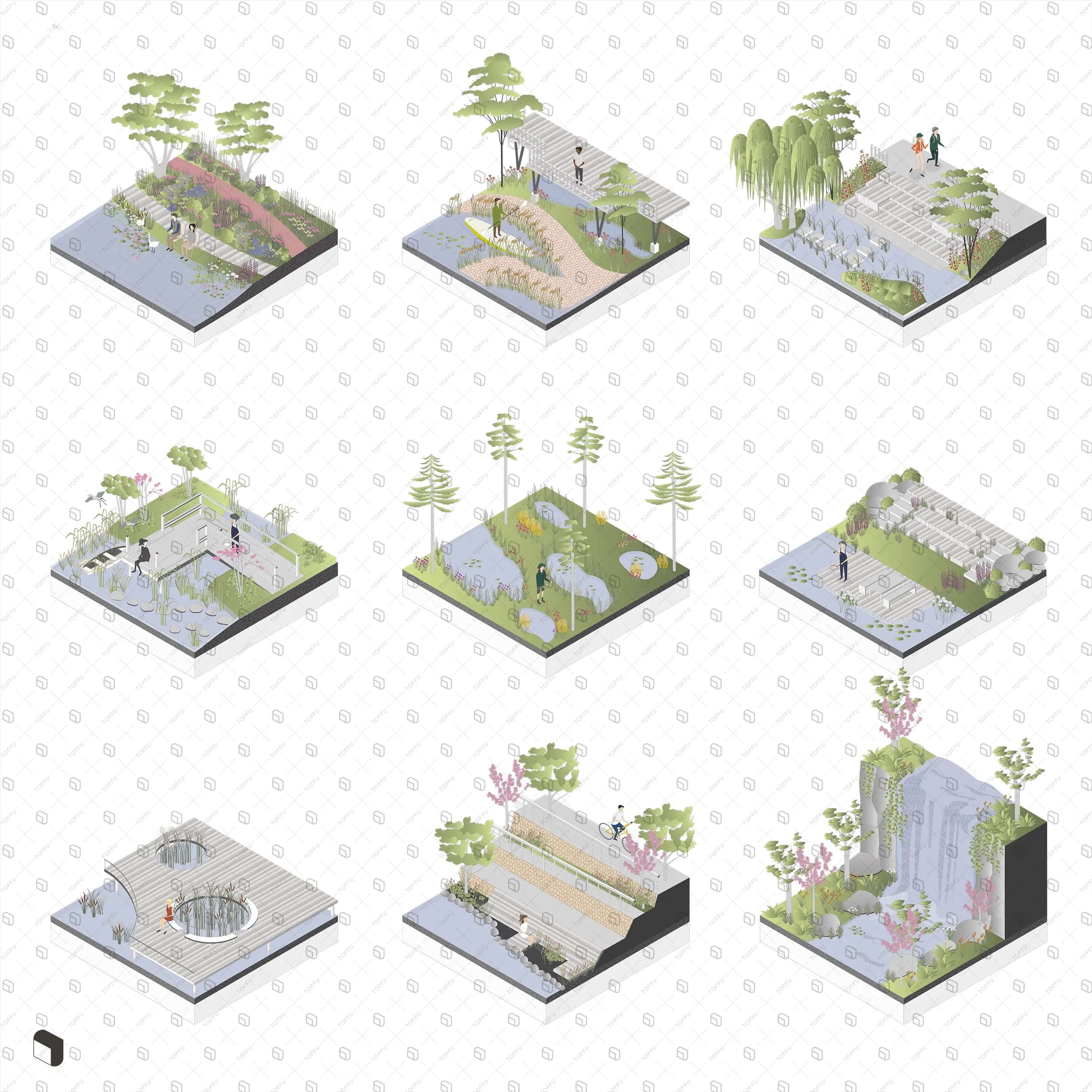 Axonometric Lake Park Landscape Digital Artwork drawings | Toffu Co