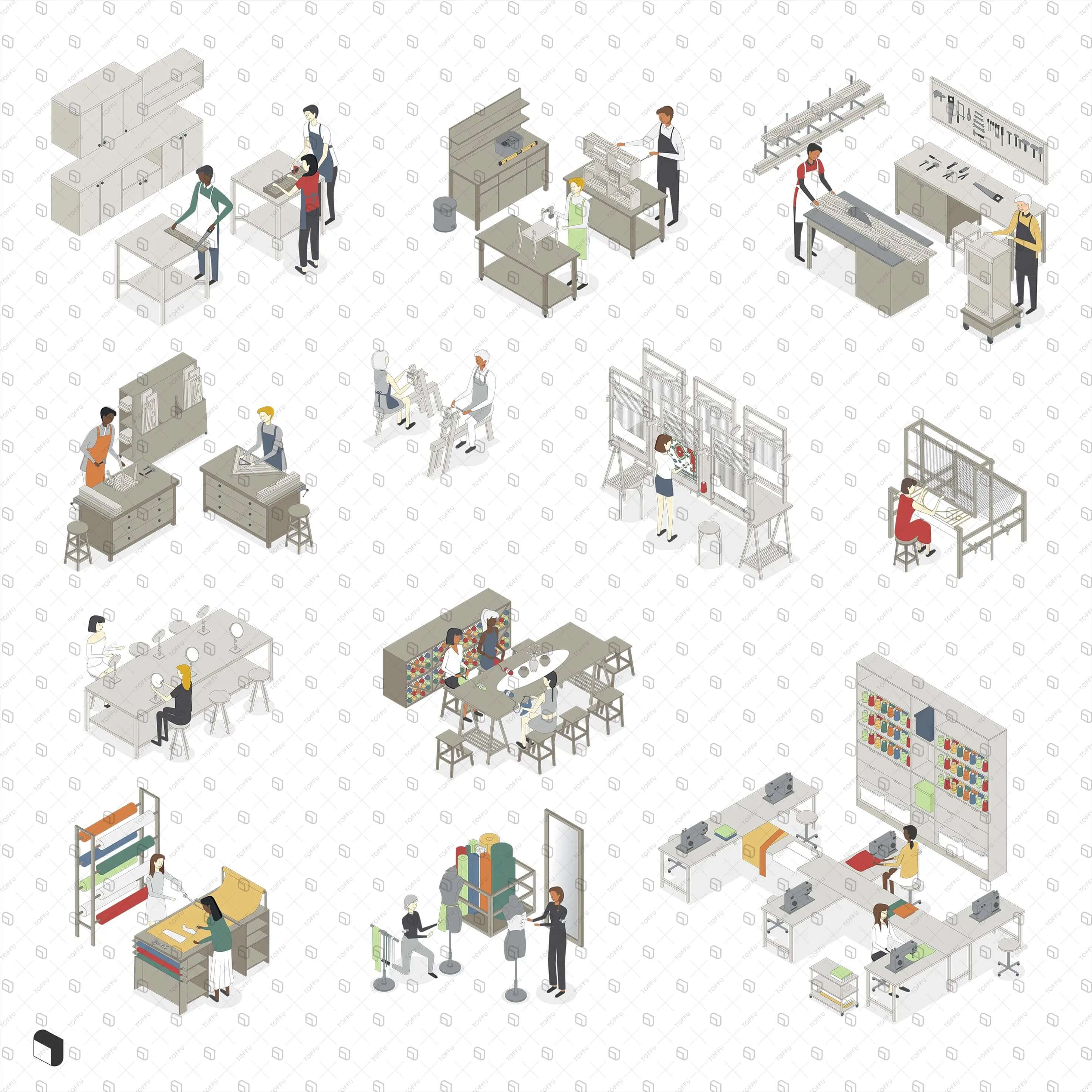 Axonometric Wood & Fabric Workshop Digital Artwork drawings | Toffu Co