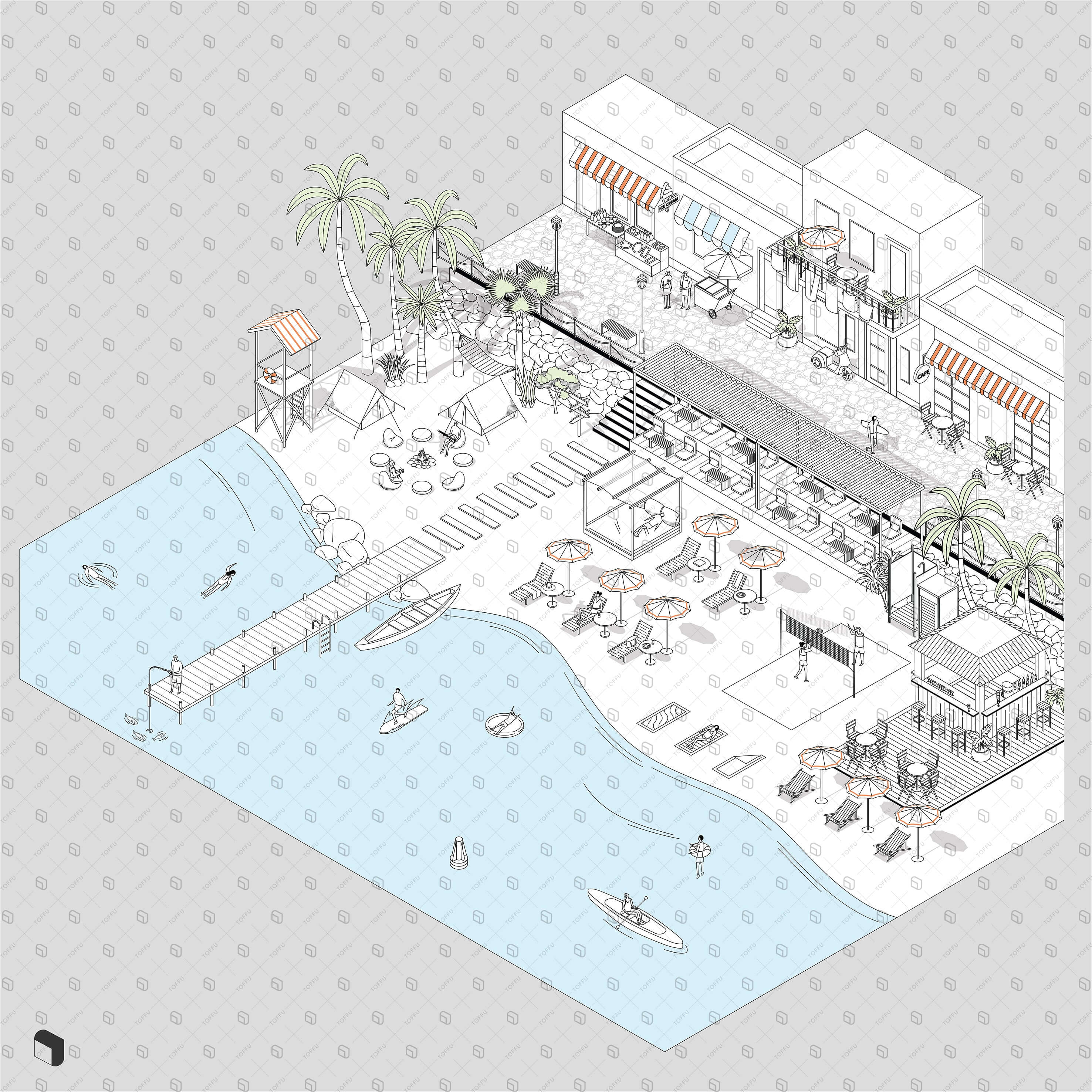 Axonometric Sketch Beach Digital Artwork drawings | Toffu Co