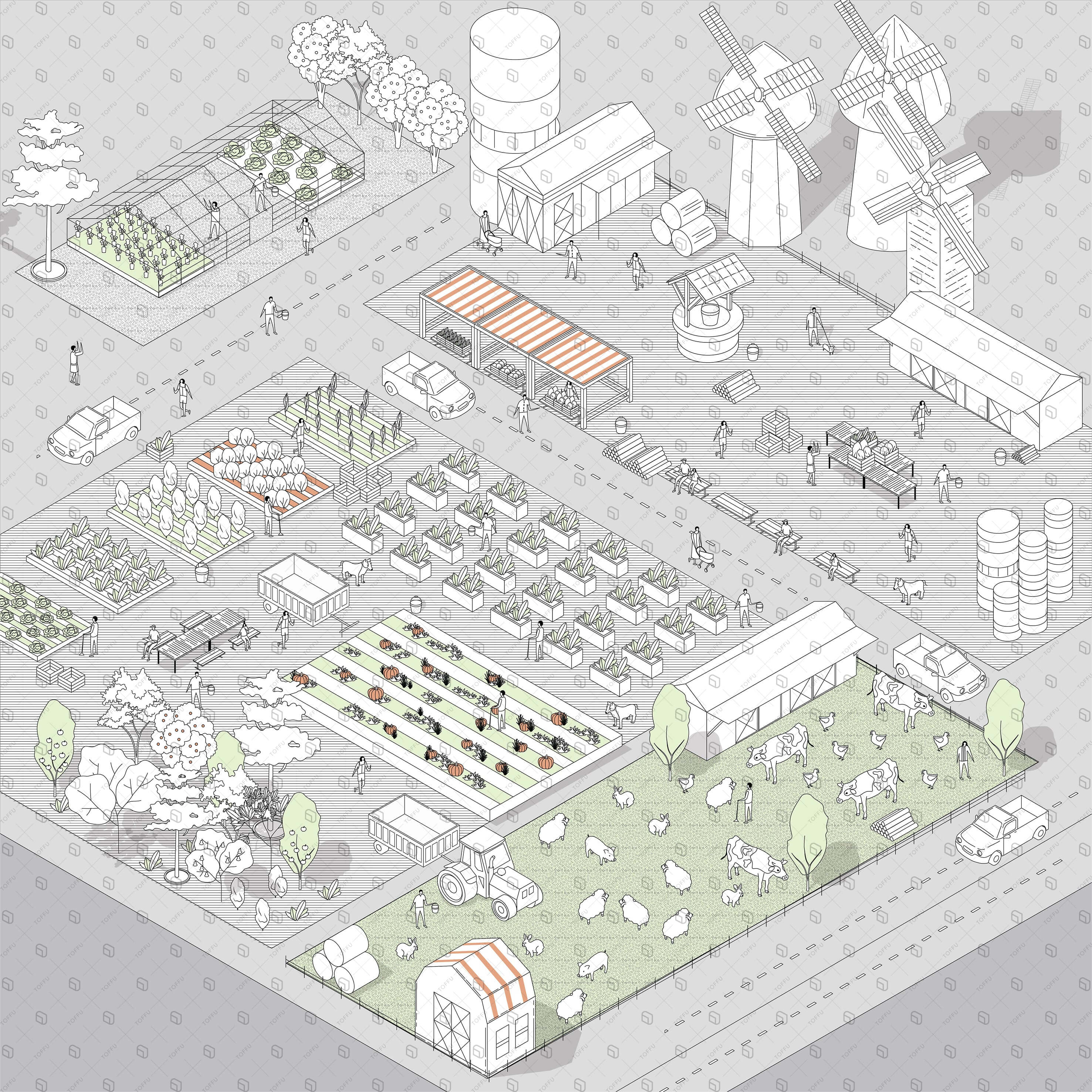 Axonometric Sketch Farm Digital Artwork drawings | Toffu Co