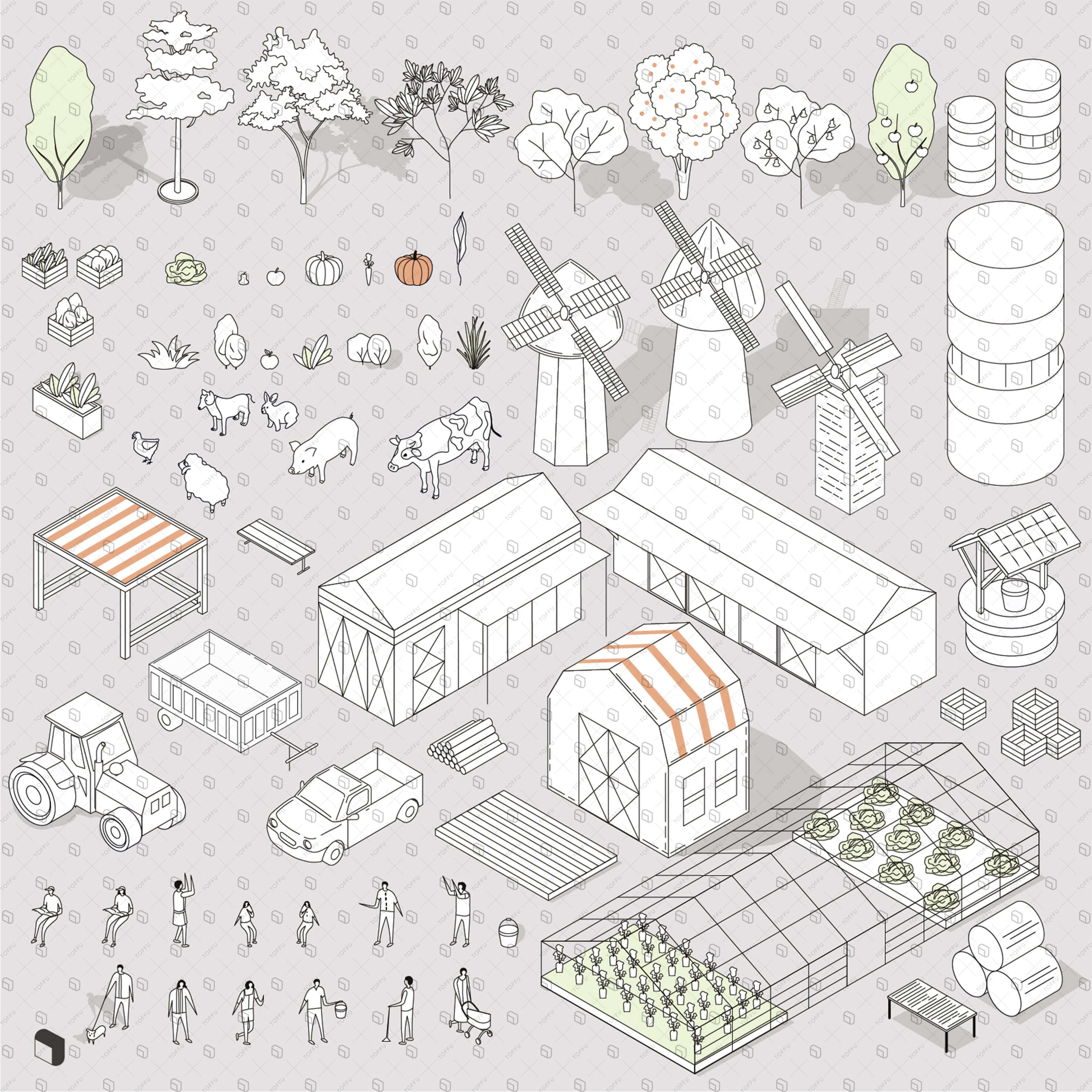Axonometric Sketch Farm Digital Artwork drawings | Toffu Co
