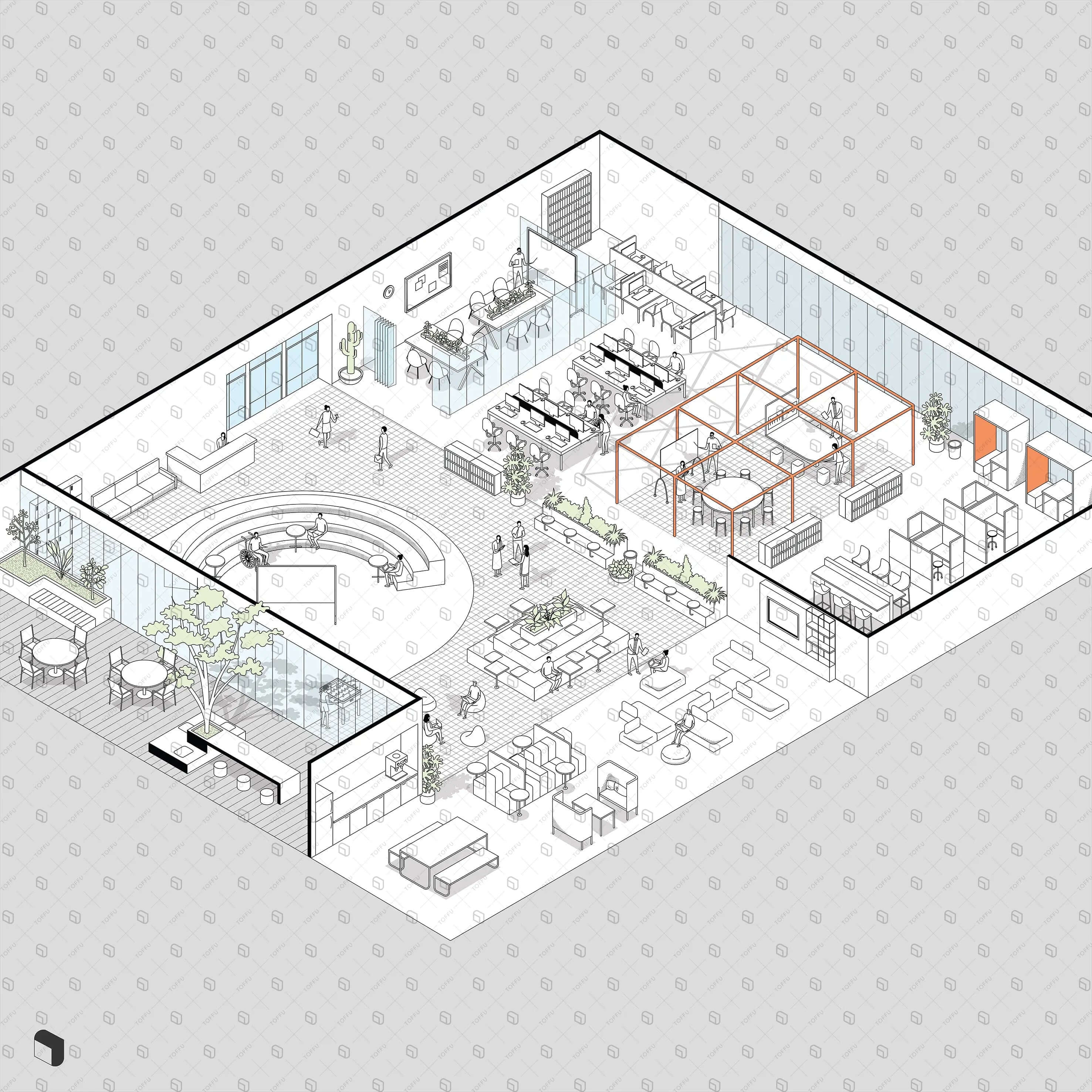 Axonometric Sketch Office Digital Artwork drawings | Toffu Co