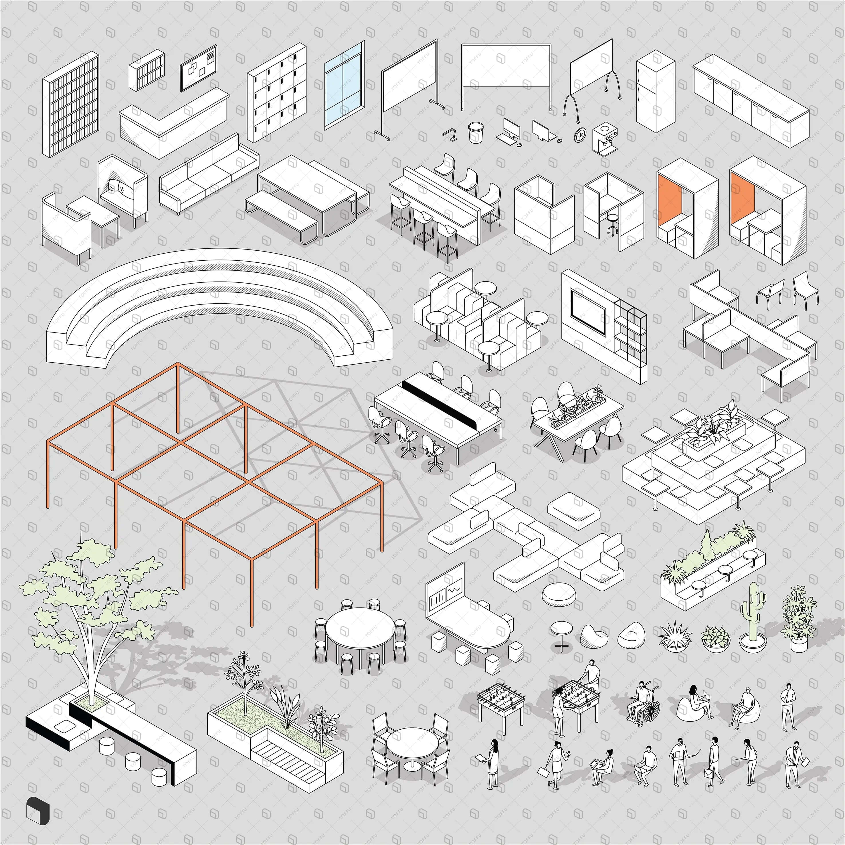 Axonometric Sketch Office Digital Artwork drawings | Toffu Co