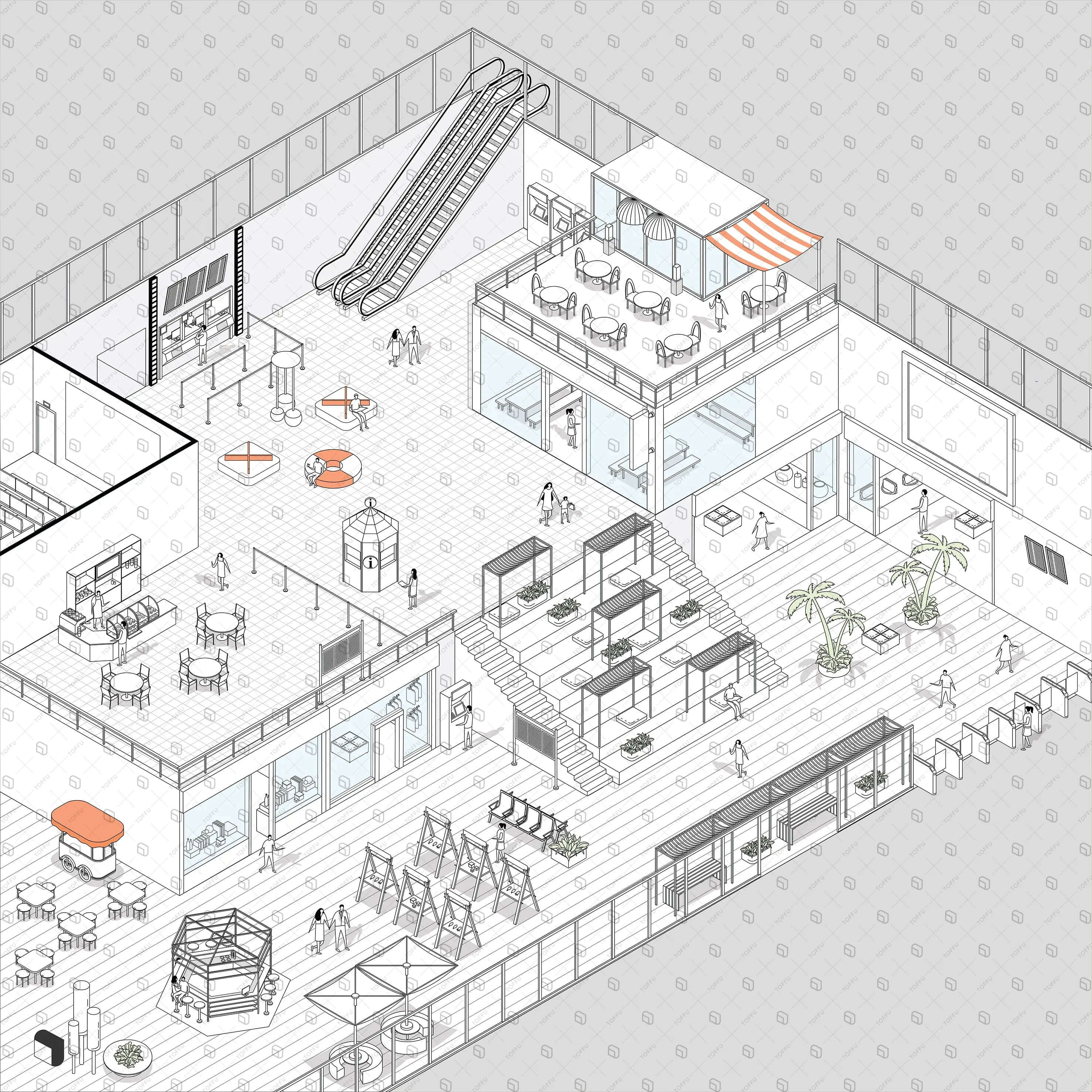 Axonometric Sketch Mall Digital Artwork drawings | Toffu Co
