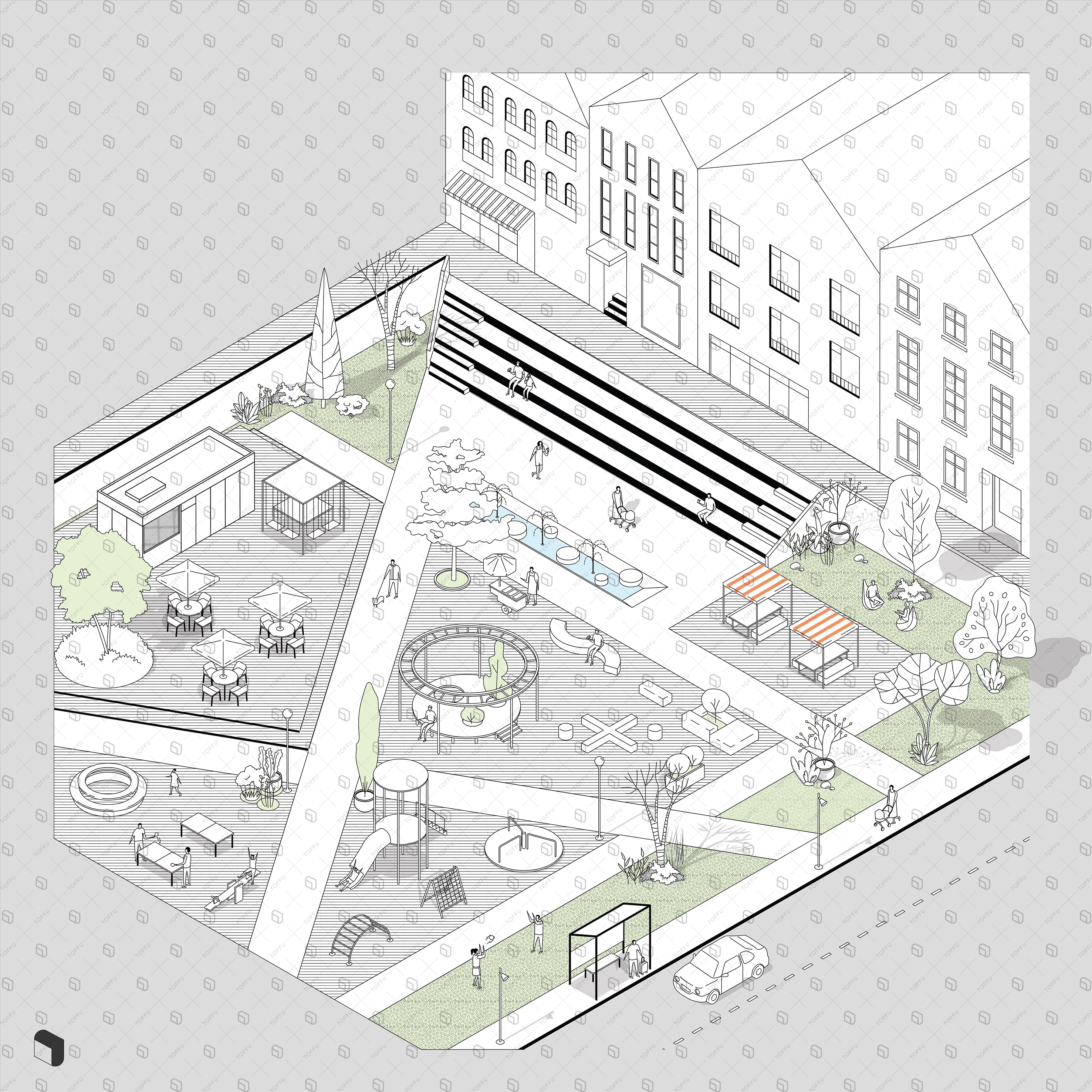 Axonometric Sketch Urban Square PNG - Toffu Co