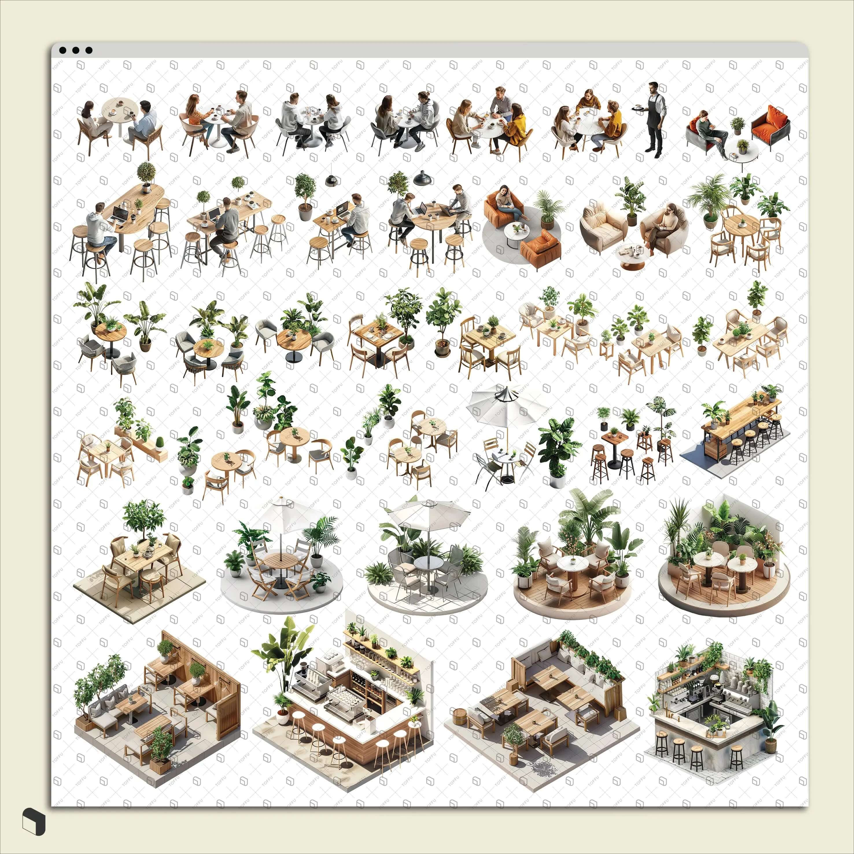 Cutout Axonometric Artificial Coffee Shop Digital Artwork drawings | Toffu Co