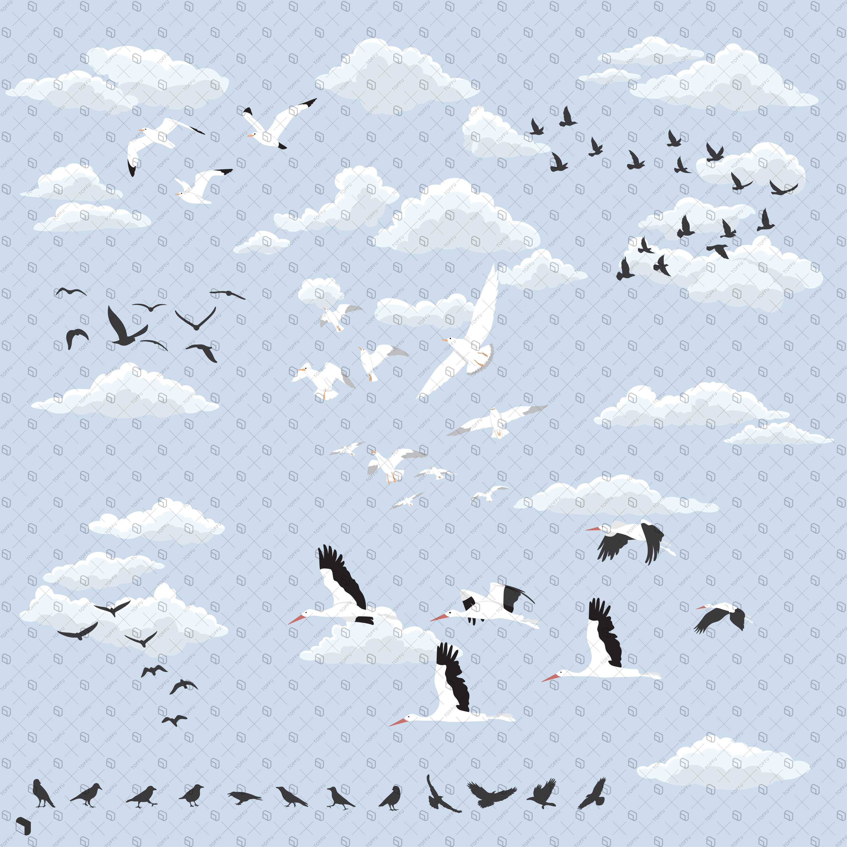 Flat Vector Clouds & Birds PNG - Toffu Co