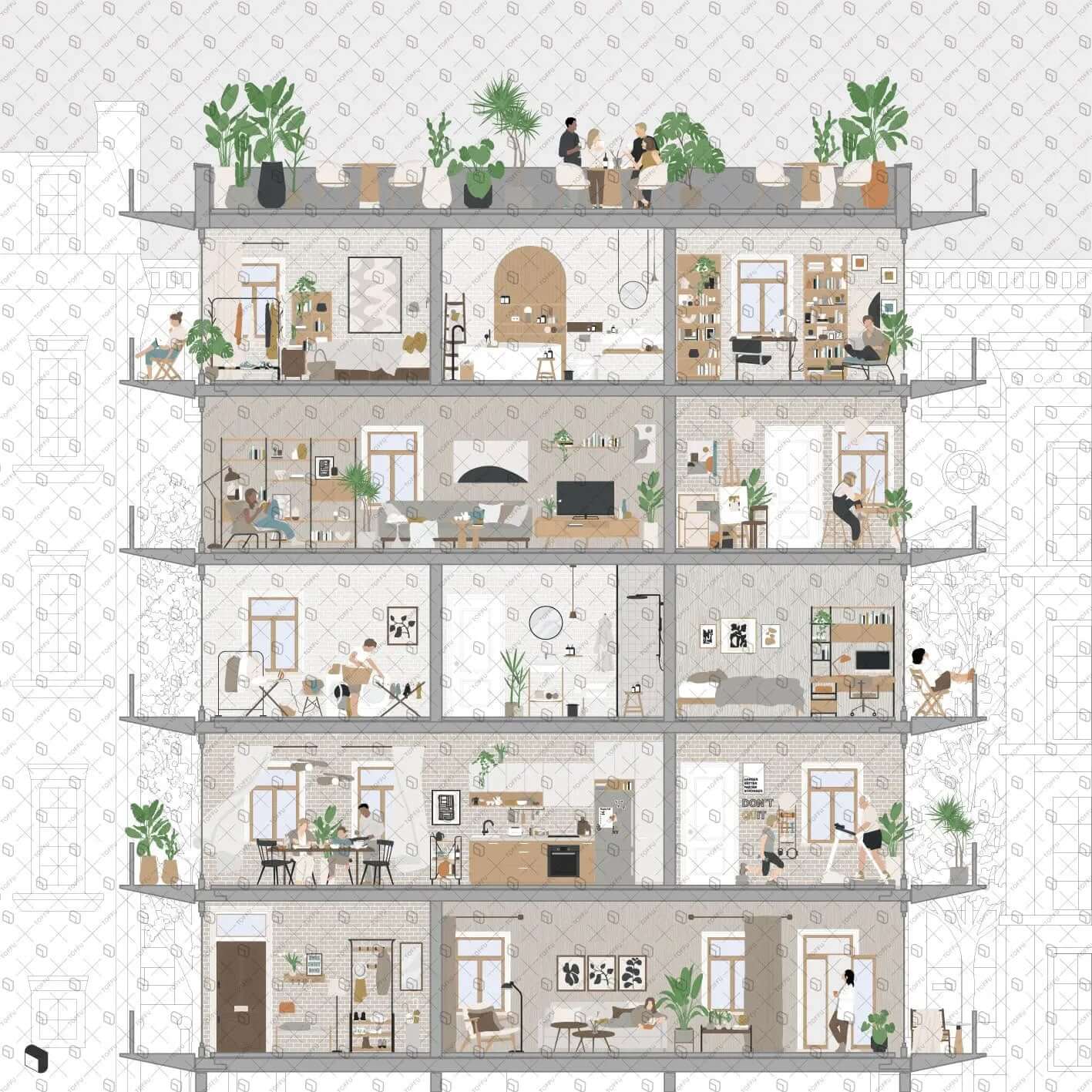 Flat Vector Apartment Section Digital Artwork drawings | Toffu Co