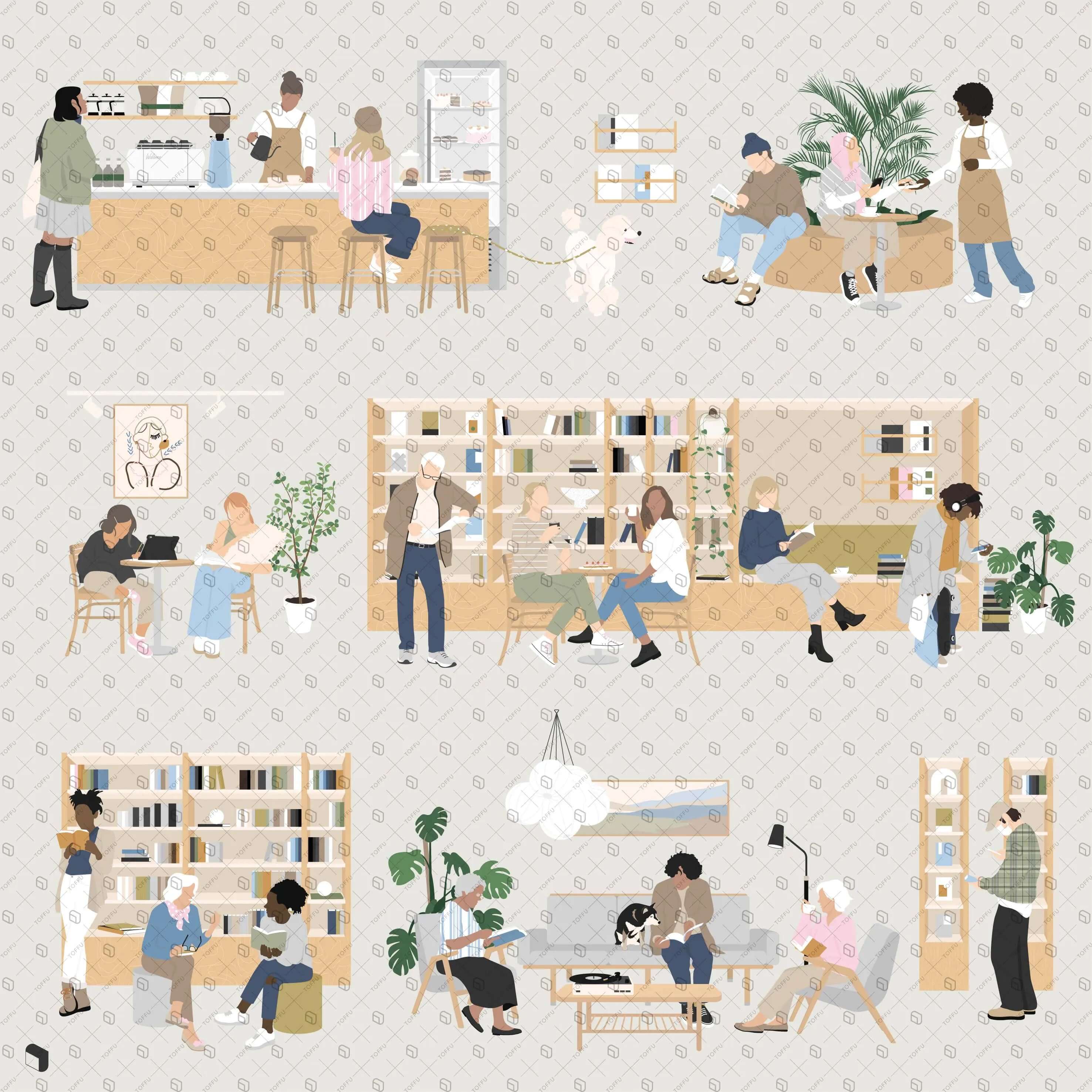 Flat Vector Book Cafe Digital Artwork drawings | Toffu Co