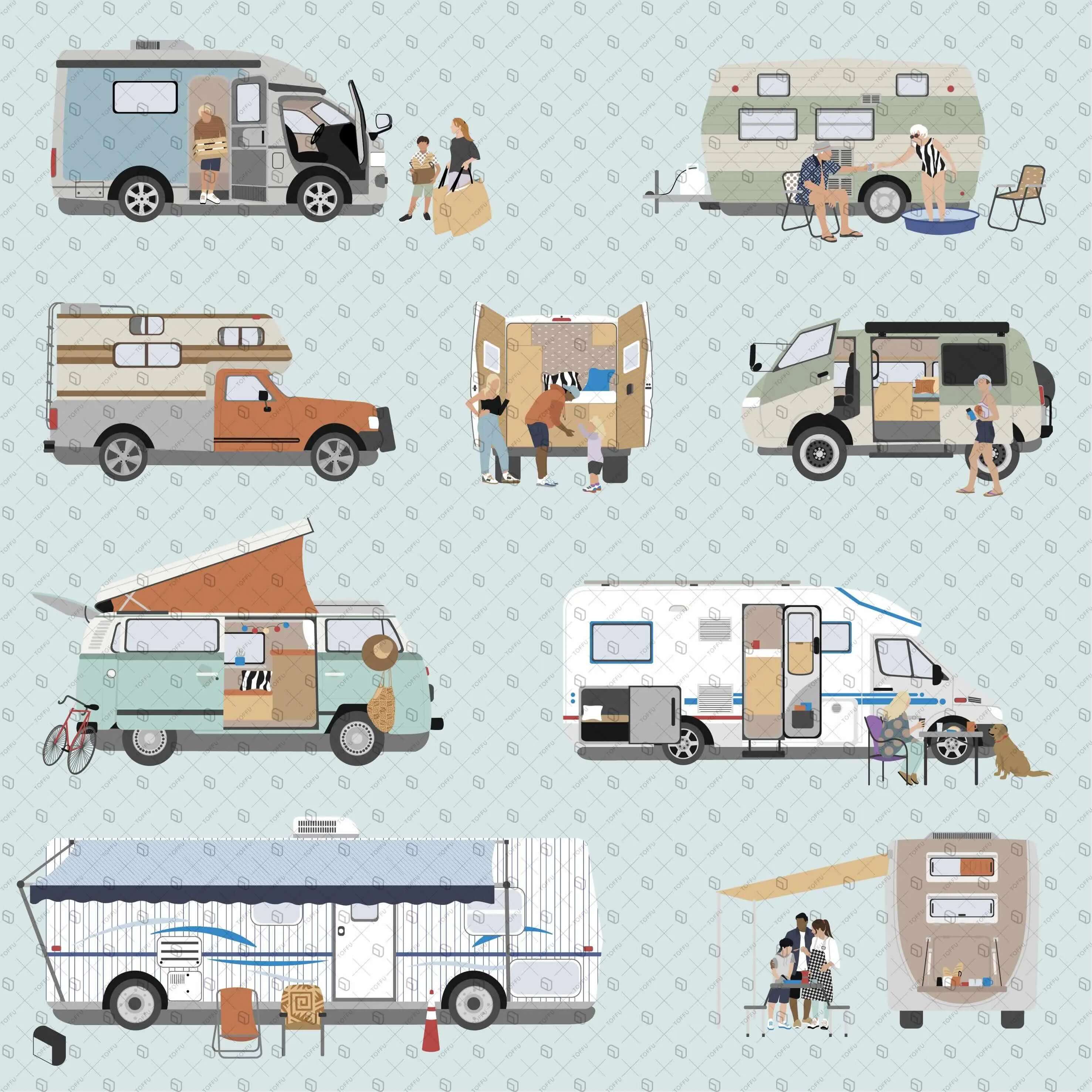 Flat Vector Camper Van Digital Artwork drawings | Toffu Co