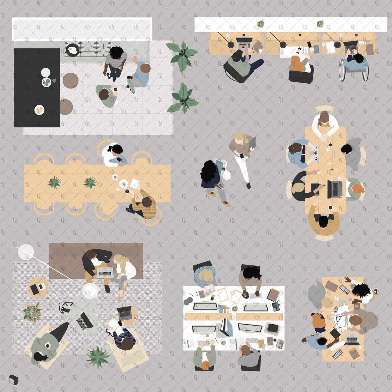 Flat Vector Coworking Top View PNG - Toffu Co