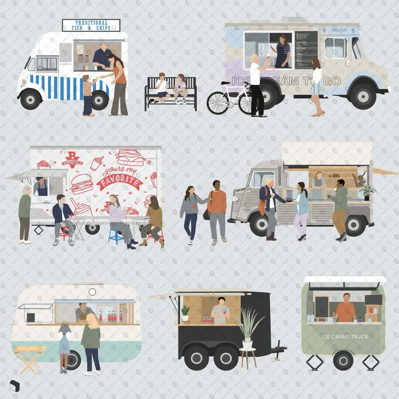 Flat Vector Food Trucks Digital Artwork drawings | Toffu Co