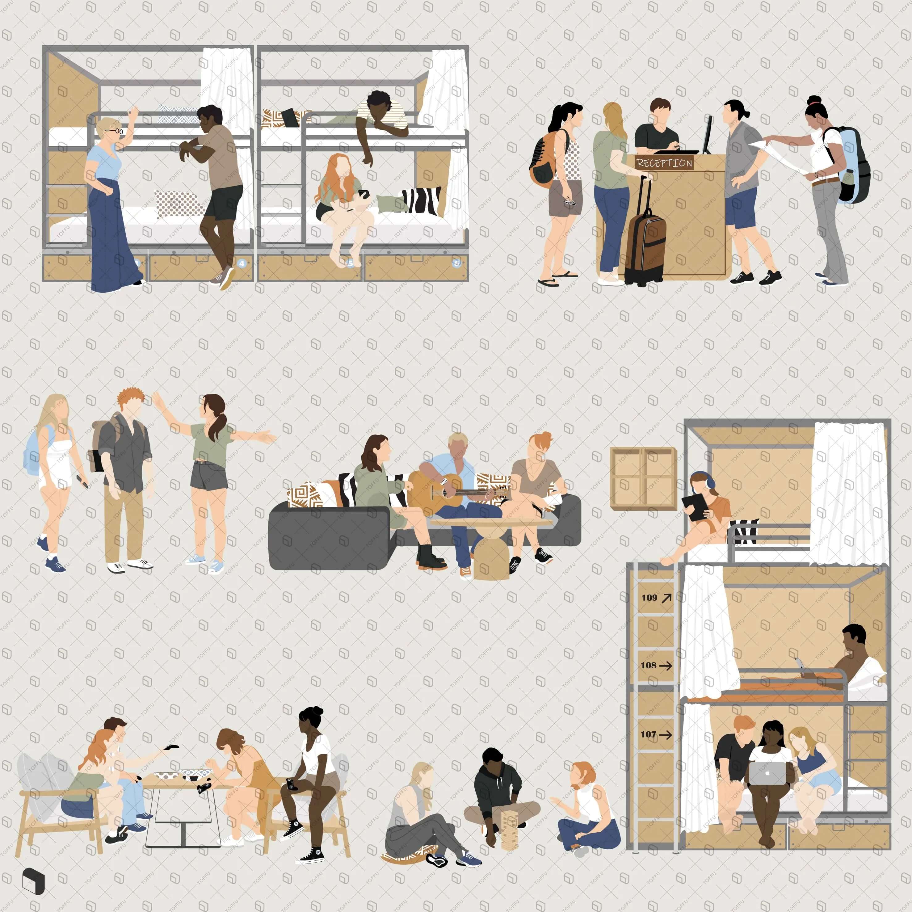 Flat Vector Hostel People Digital Artwork drawings | Toffu Co
