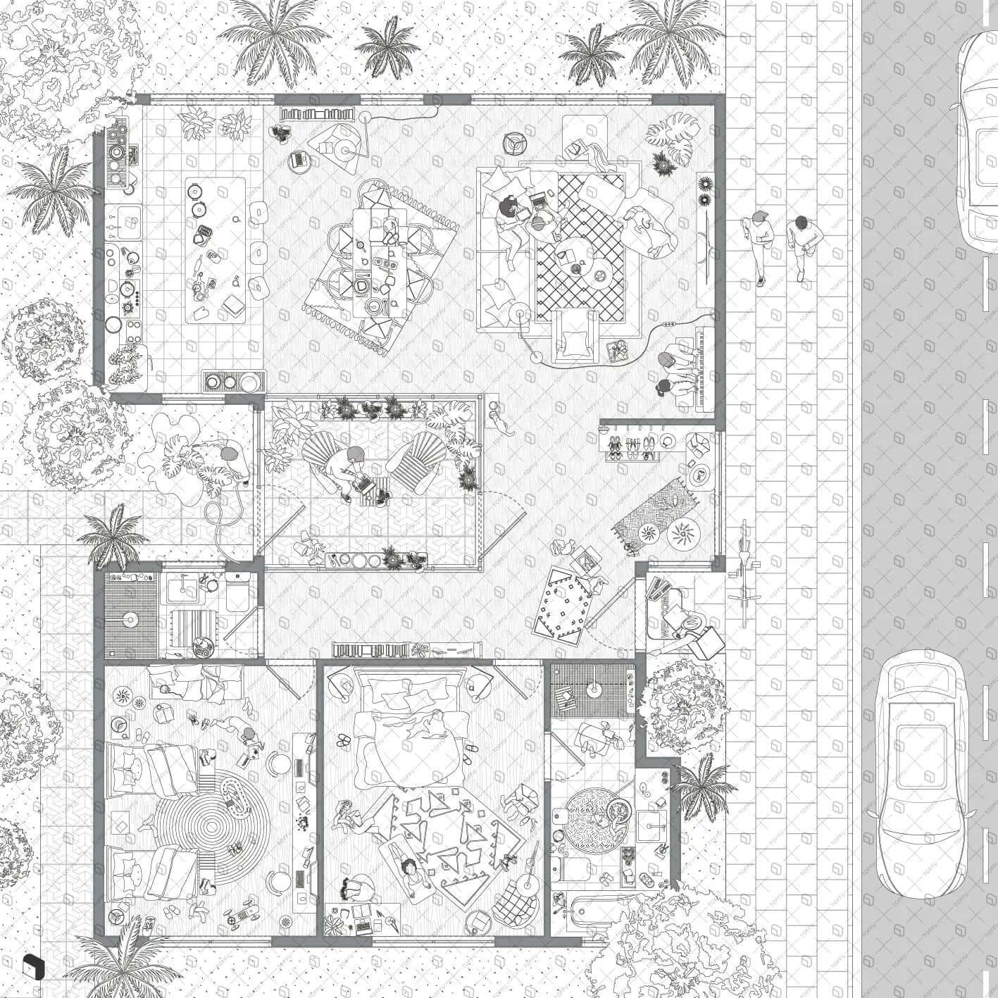 Flat Vector House Plan Top View Digital Artwork drawings | Toffu Co
