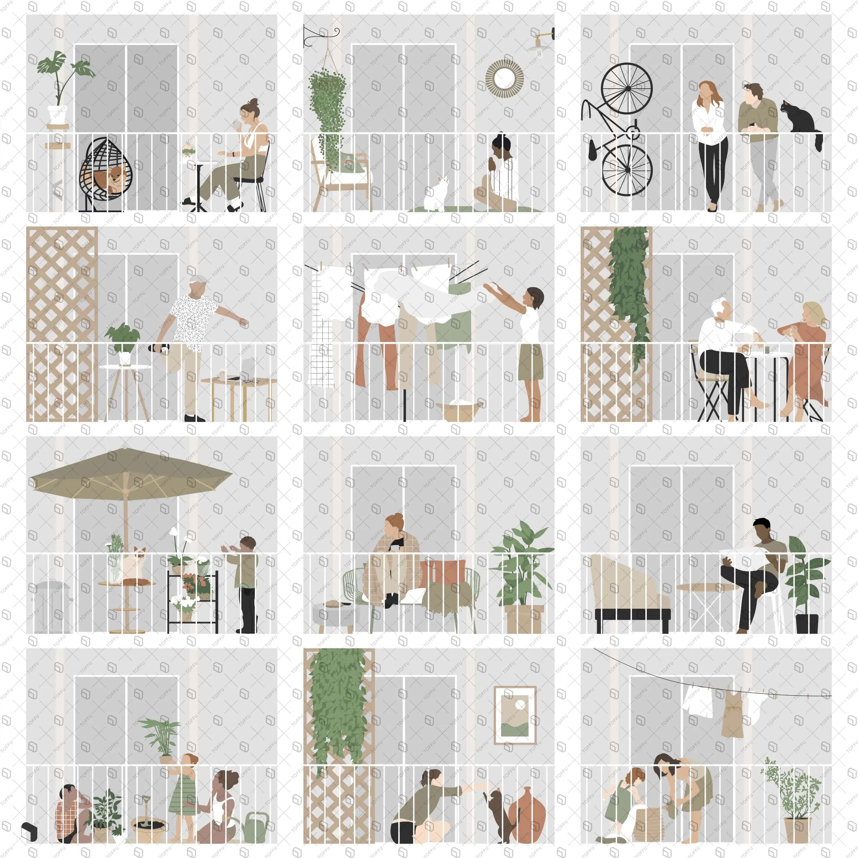 Flat Vector Terrace People and Furniture Digital Artwork drawings | Toffu Co