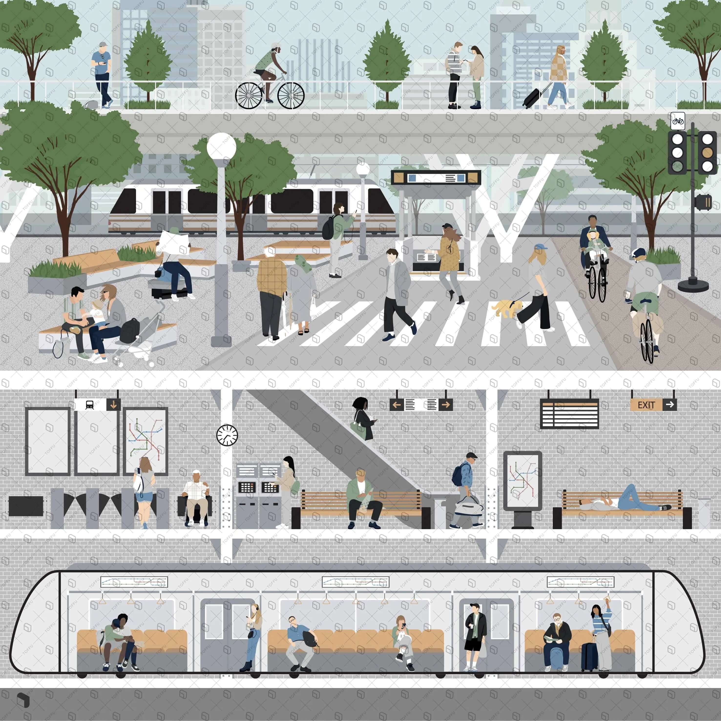 Flat Vector Urban Transportation Section Digital Artwork drawings | Toffu Co