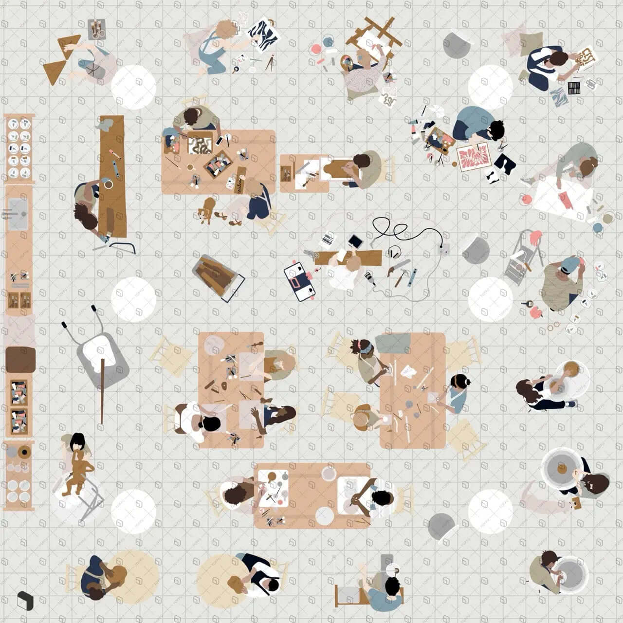 Flat Vector Workshop Setups Top View Digital Artwork drawings | Toffu Co