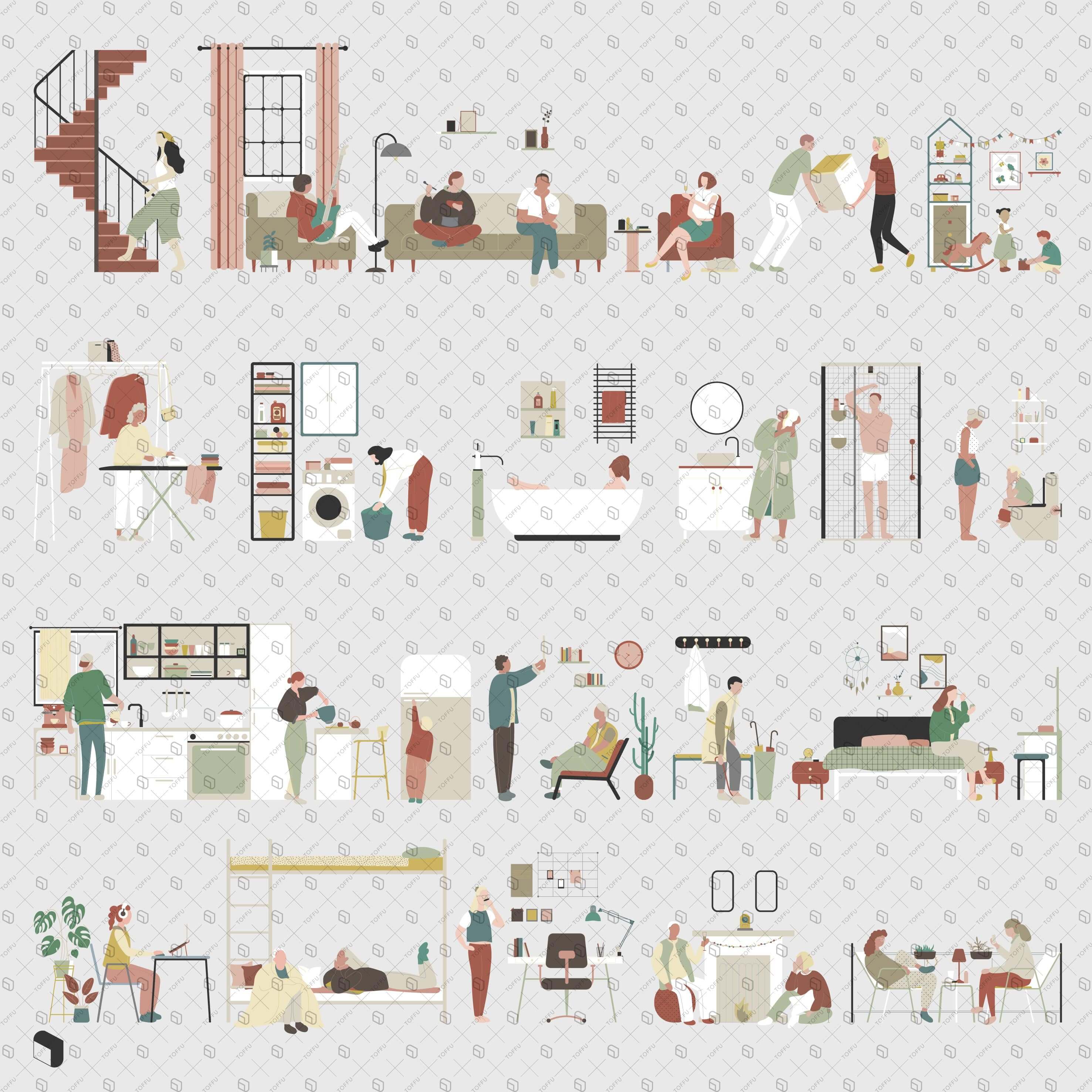 Flat Vector Tiny Home People & Furniture Digital Artwork drawings | Toffu Co