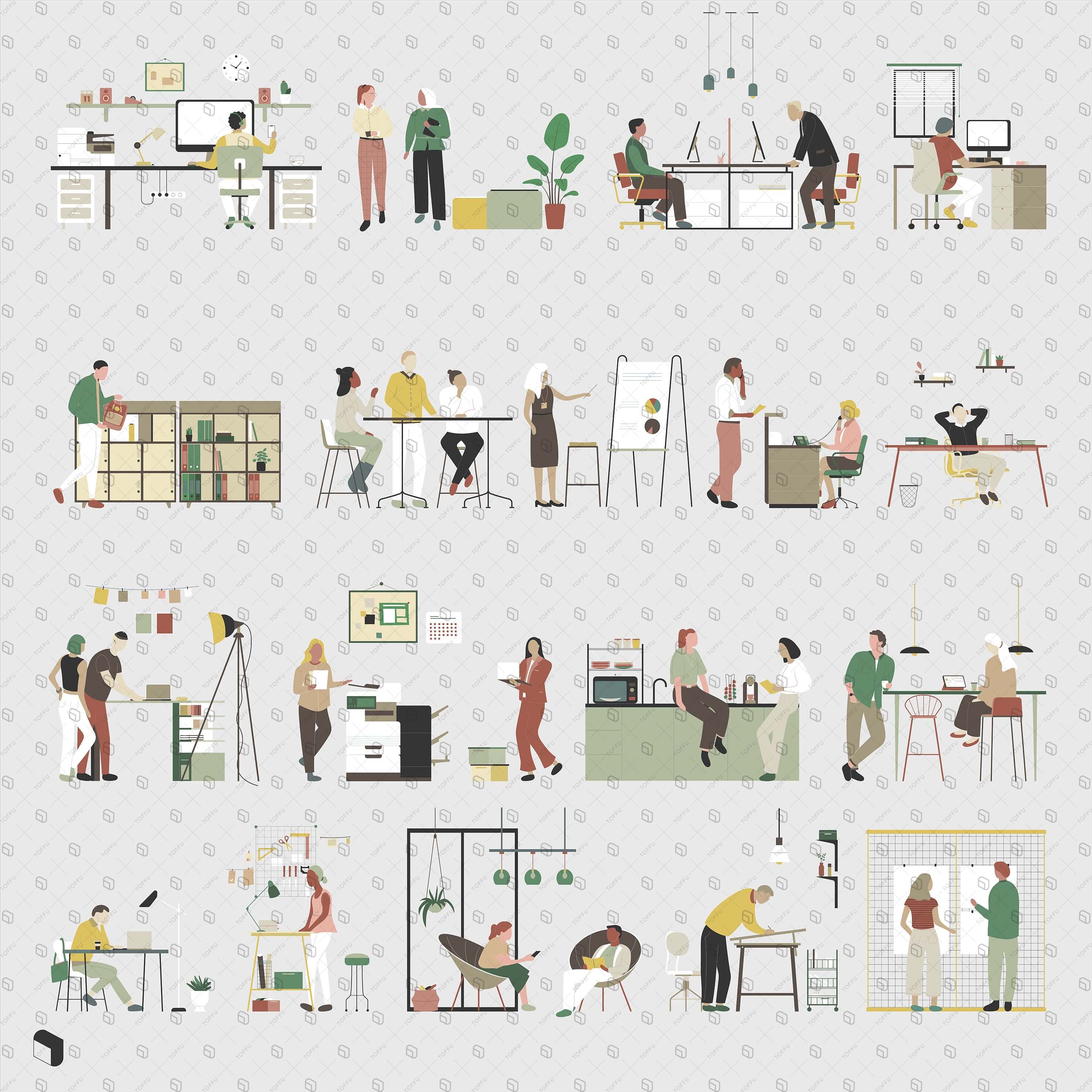 Flat Vector Tiny Office People & Furniture Digital Artwork drawings | Toffu Co