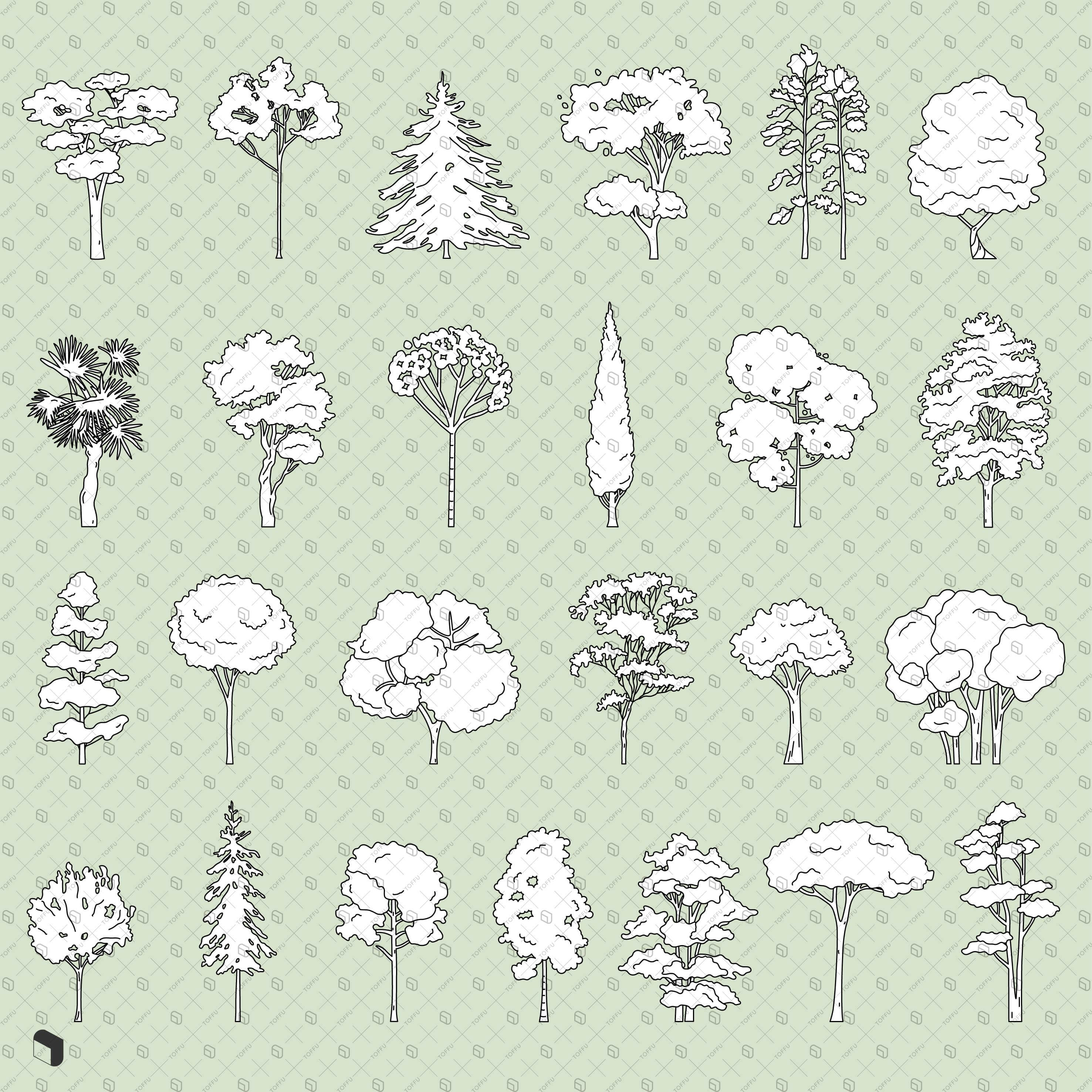 Flat Vector Freehand Trees 4 Digital Artwork drawings | Toffu Co