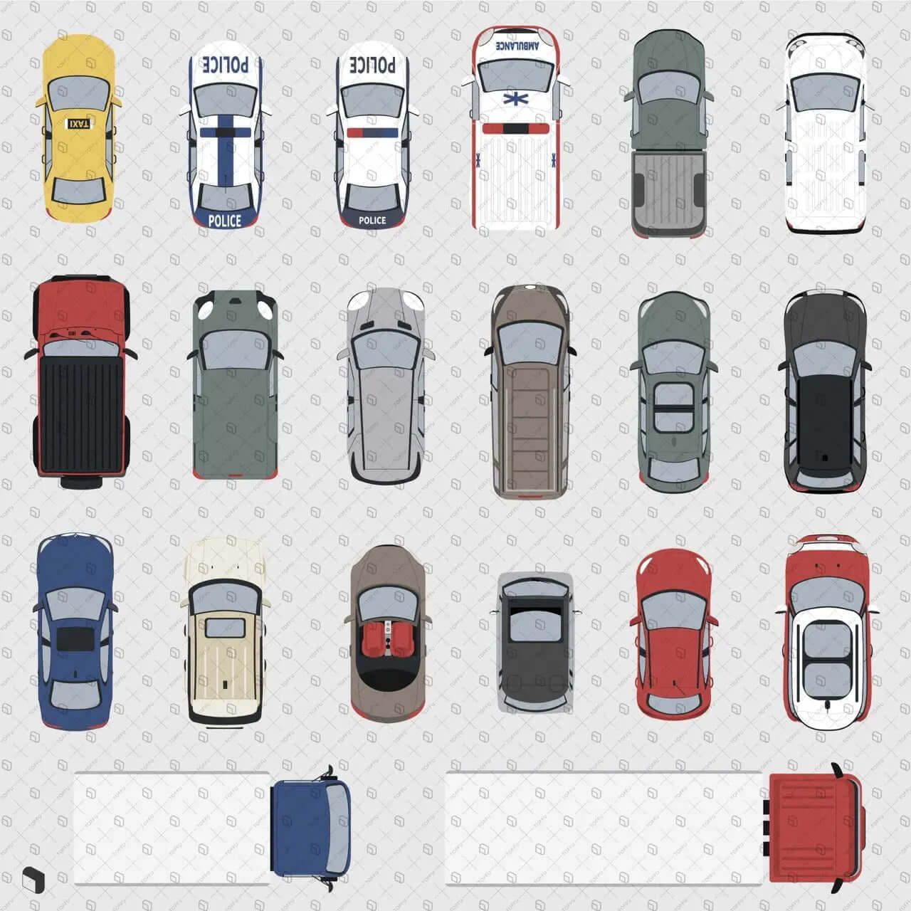 Flat Vector Vehicles Top View Digital Artwork drawings | Toffu Co
