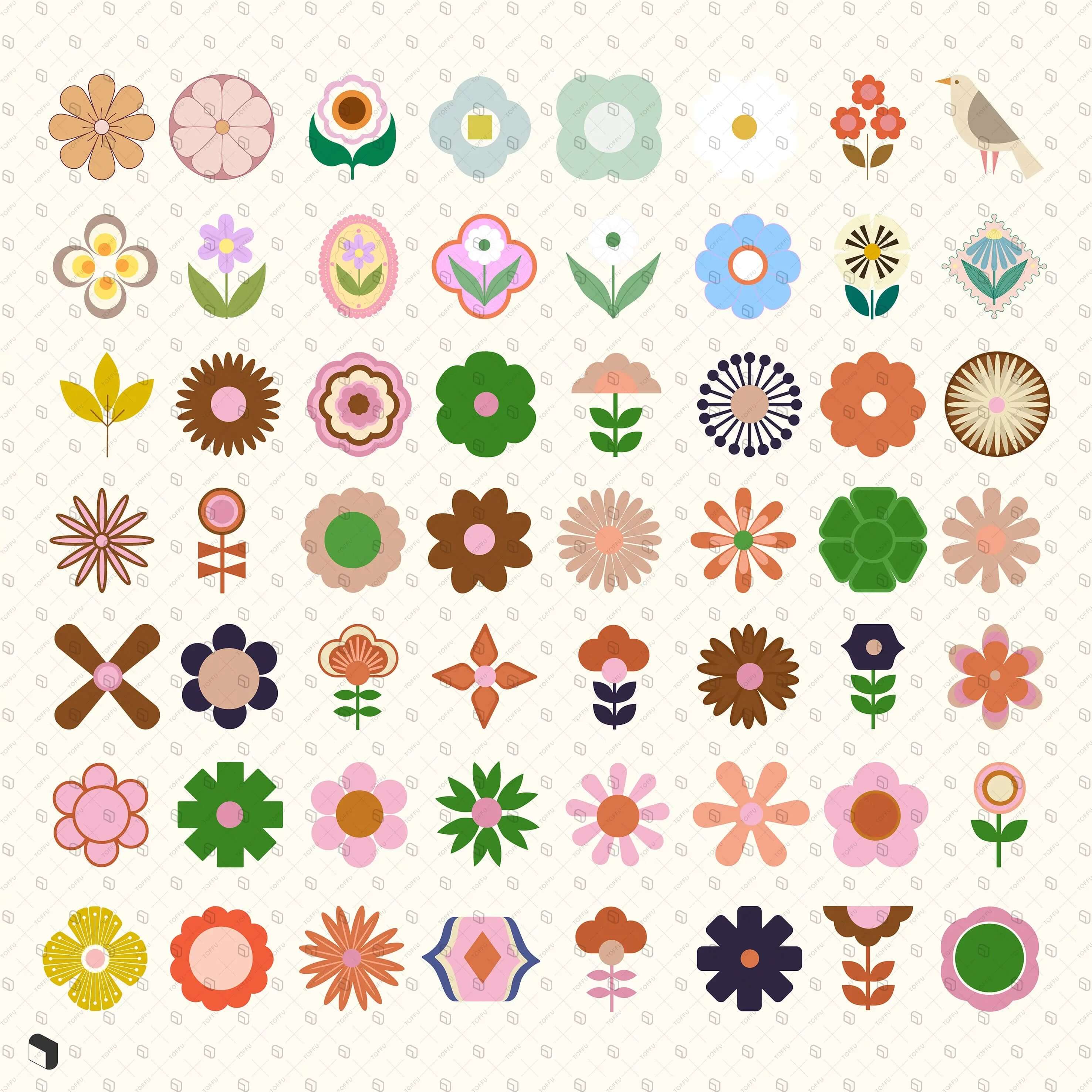 Swatch Retro Flower Patterns & Flat Icons Digital Artwork drawings | Toffu Co