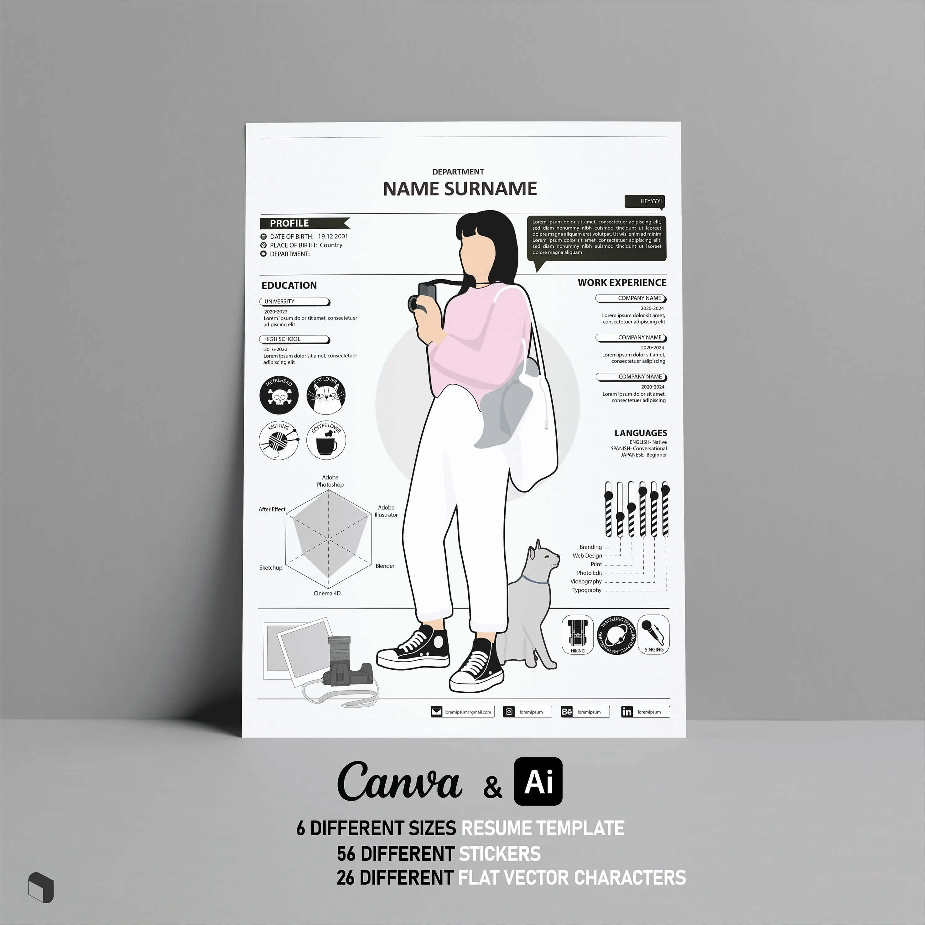 Resume Canva Template 2 & Flat Vector Characters Digital Artwork drawings | Toffu Co