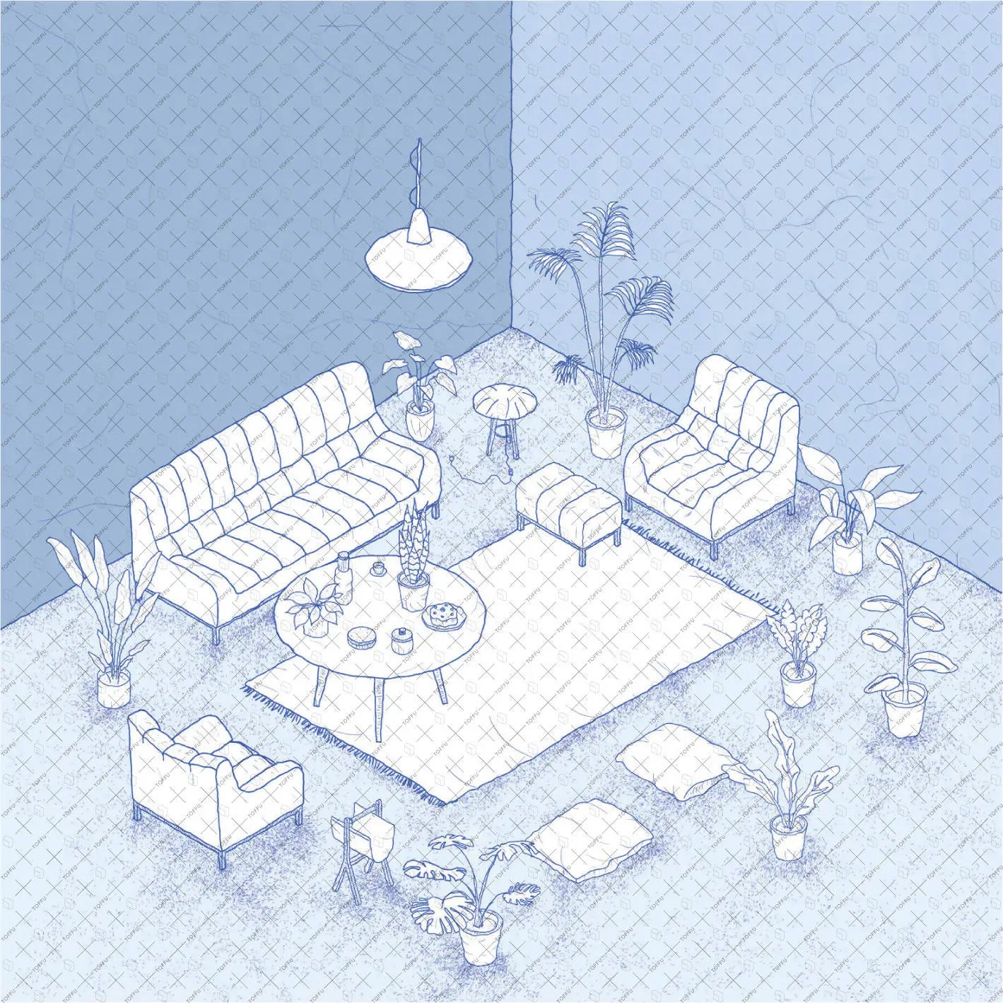 Illustration Hand-Drawn Style,Isometric Living Room Digital Artwork drawings | Toffu Co