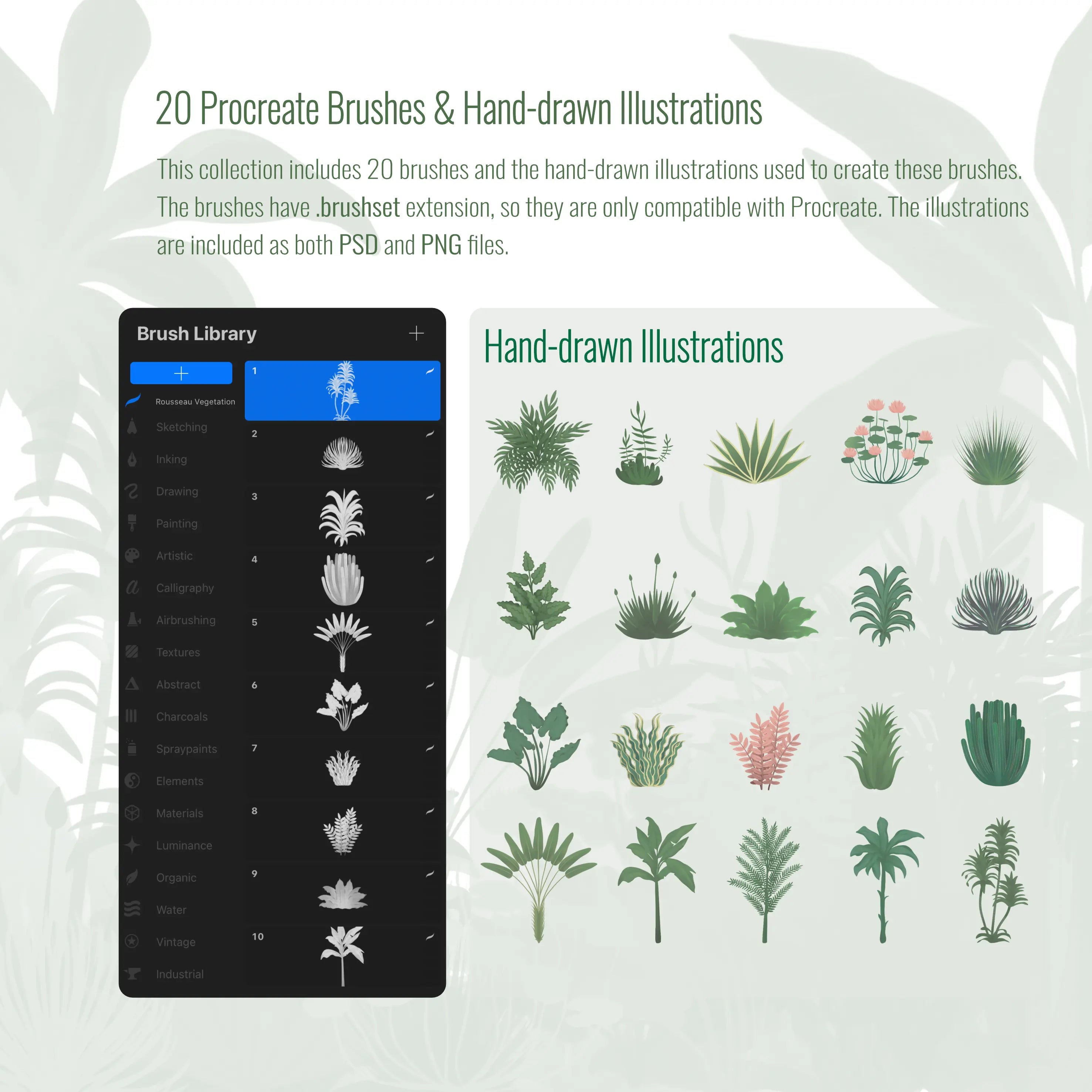 Procreate Rousseau Vegetation Brushset & Illustrations PNG - Toffu Co