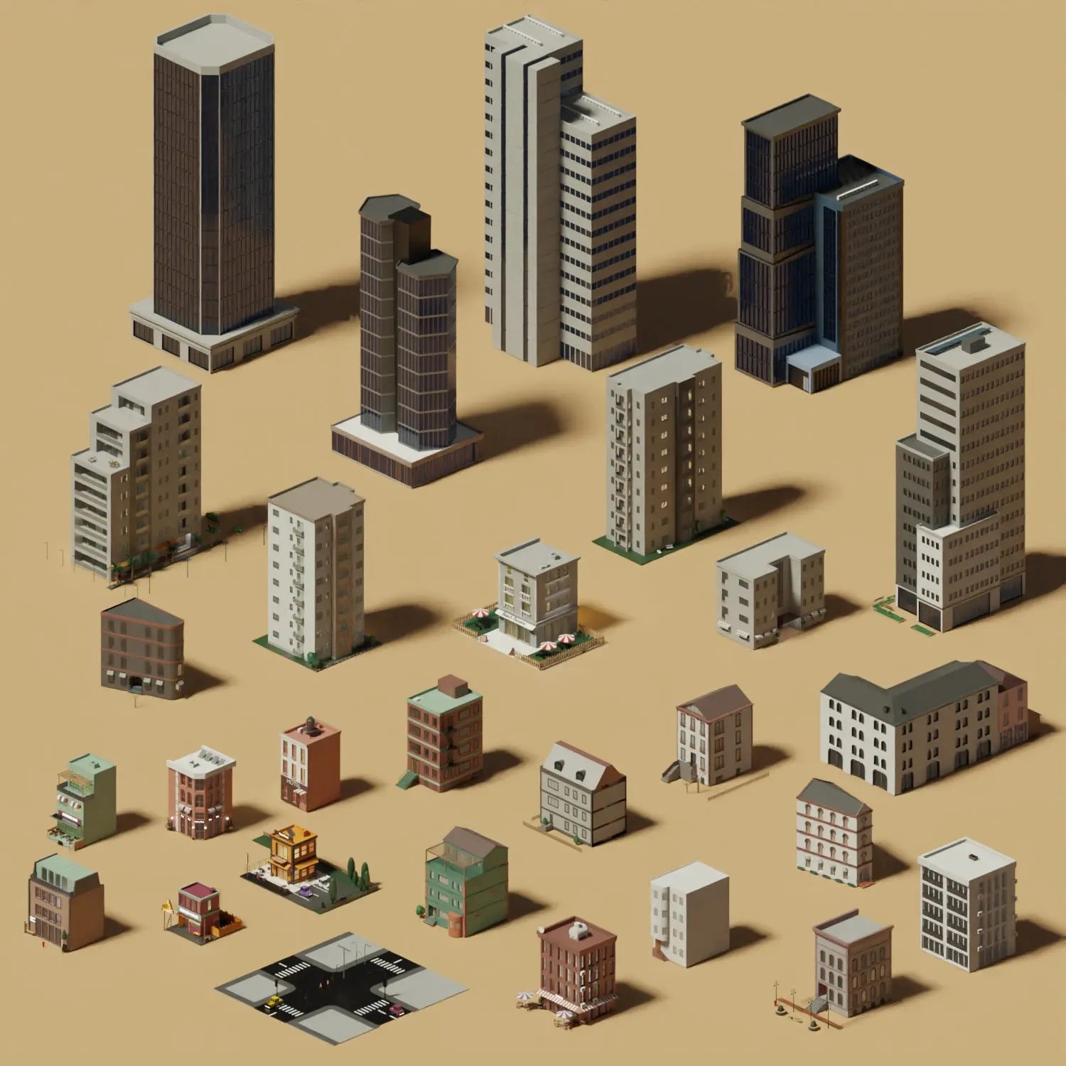 3D Model Low-Poly Buildings Bundle PNG - Toffu Co