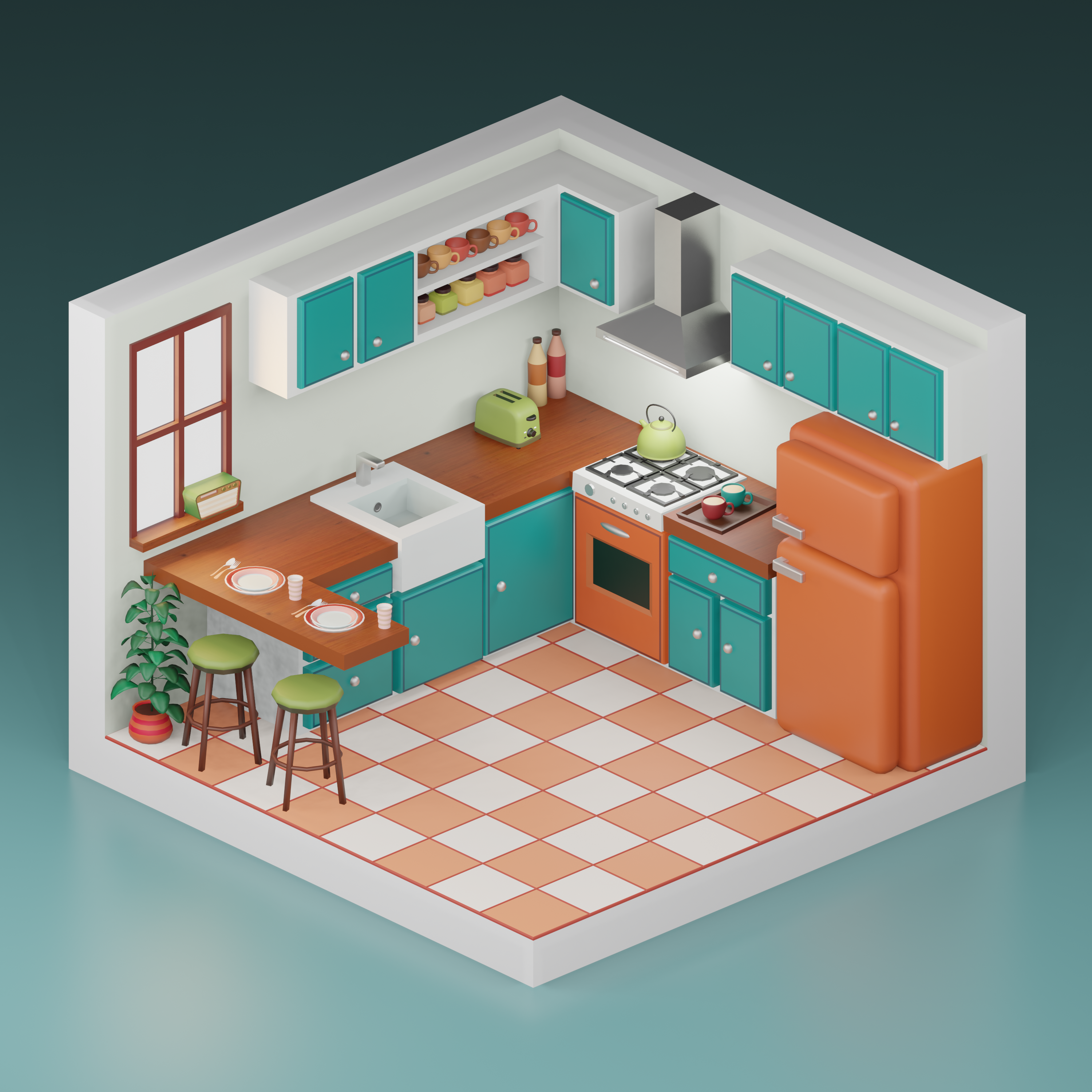 3D Model Low-Poly Retro Kitchen 3DSMAX | Toffu Co