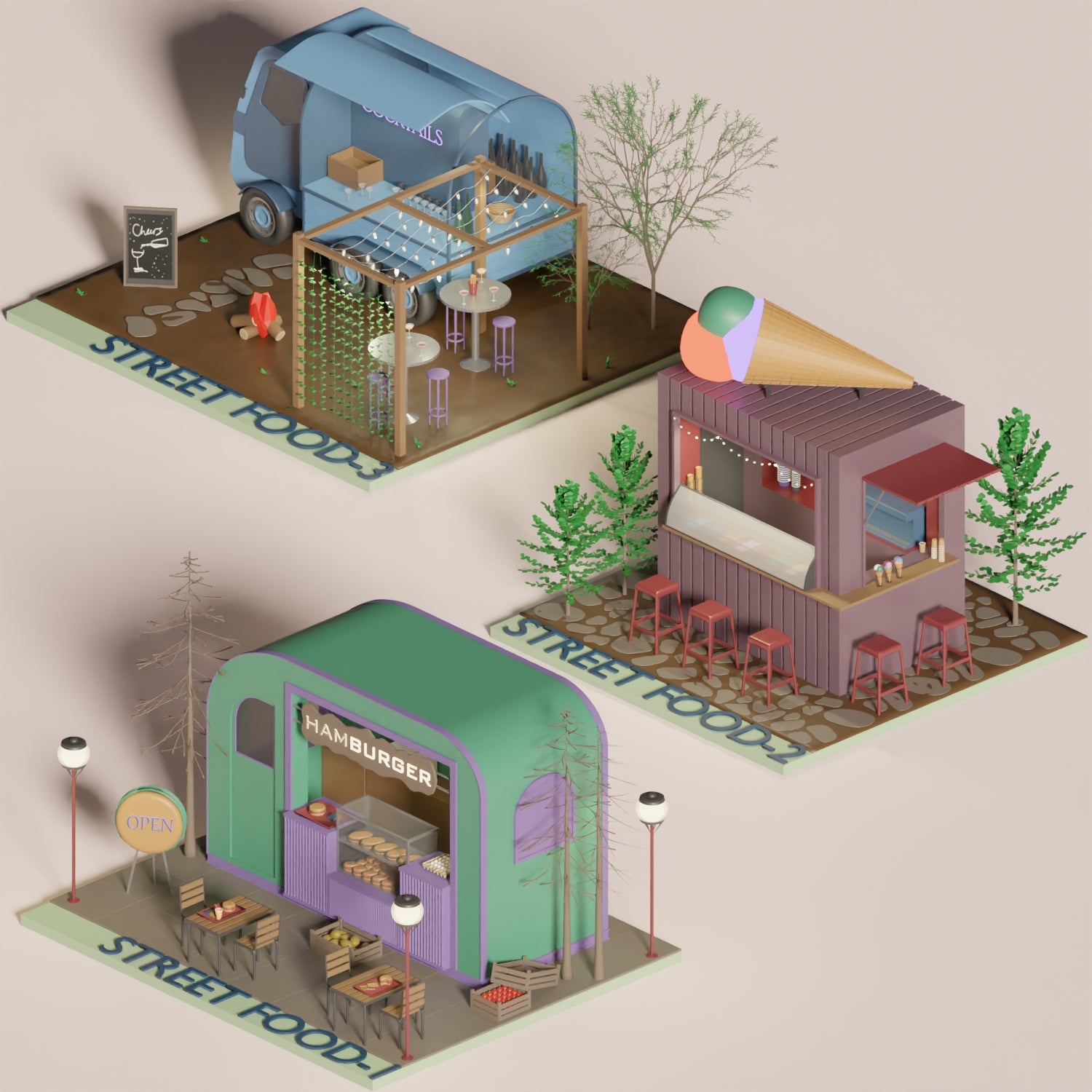 3D Model Low-Poly Street Food Carts PNG - Toffu Co