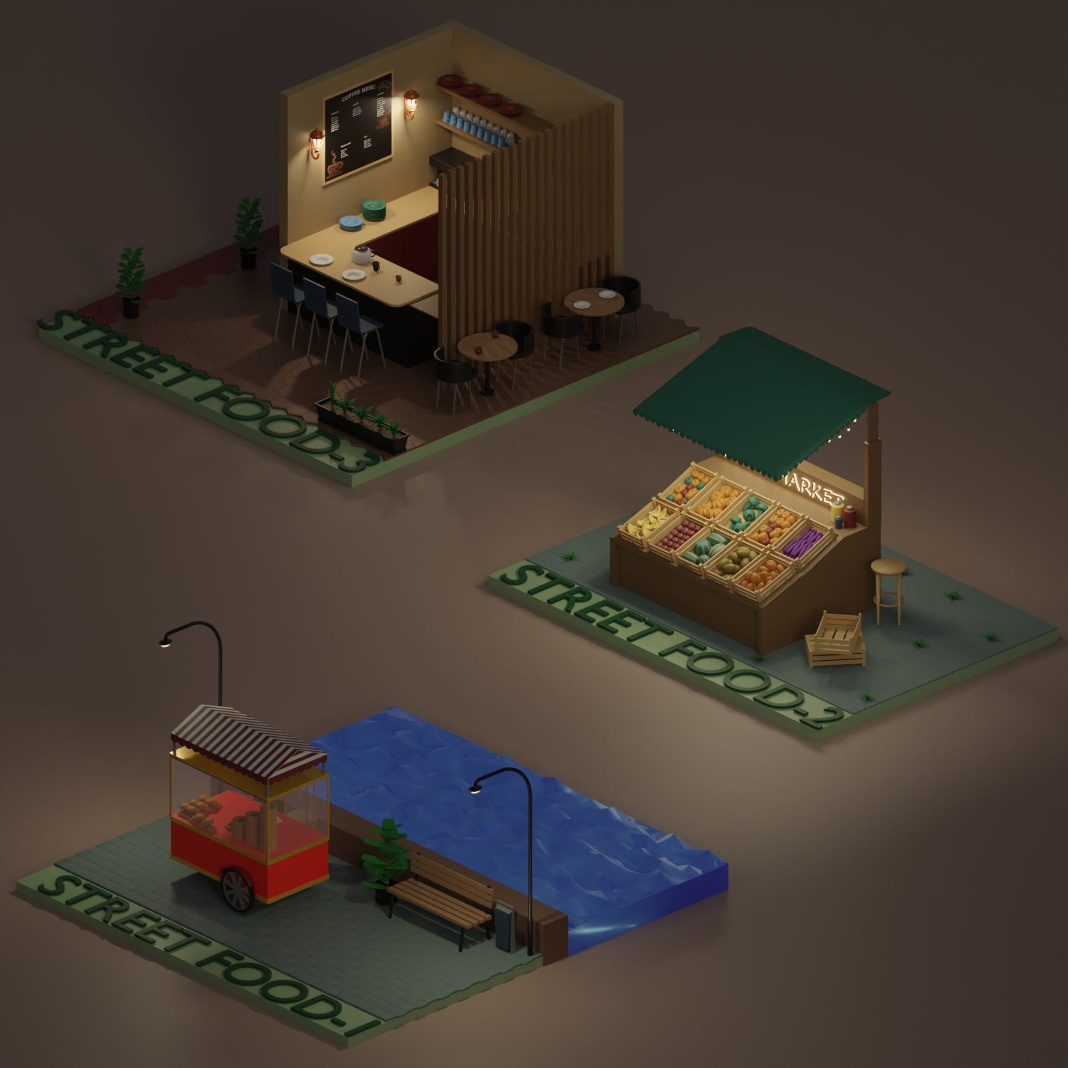 3D Model Low-Poly Street Food Carts 3 PNG - Toffu Co