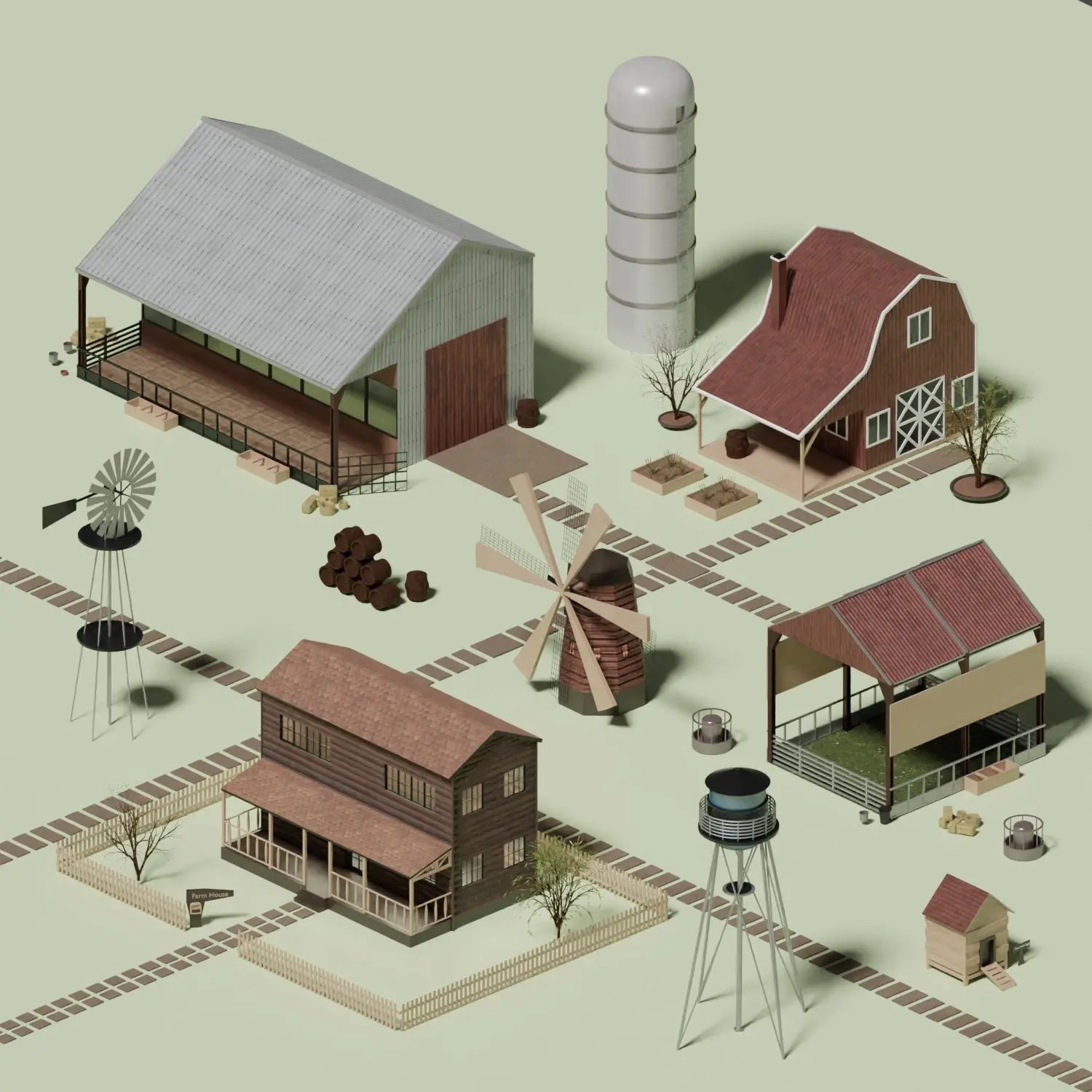 Paper Model Farm Building Farm Buildings | Blender 3D Model (.blend) | Toffu Co
