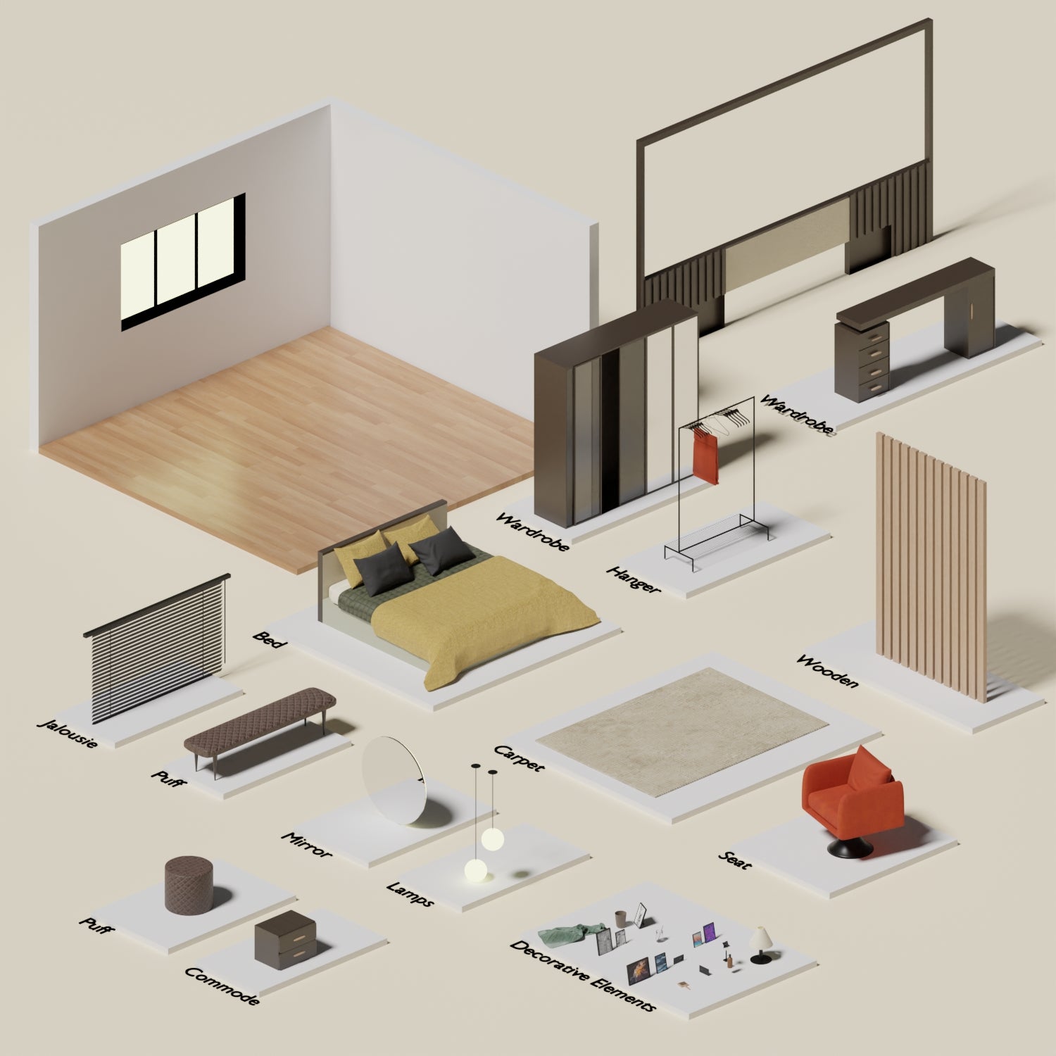 3D Model Low-Poly Bedroom 3 PNG - Toffu Co