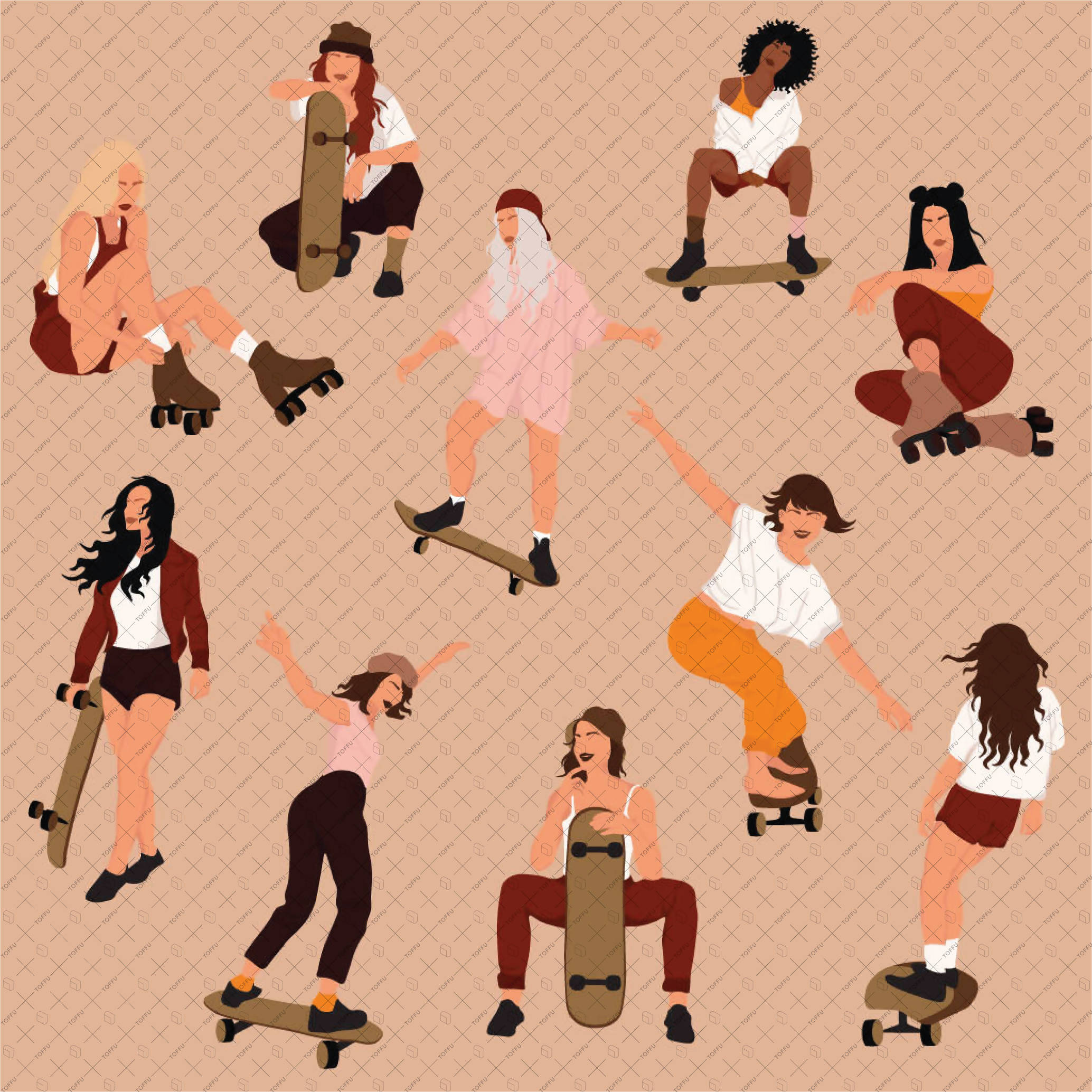 Flat Vector Skater People PNG - Toffu Co