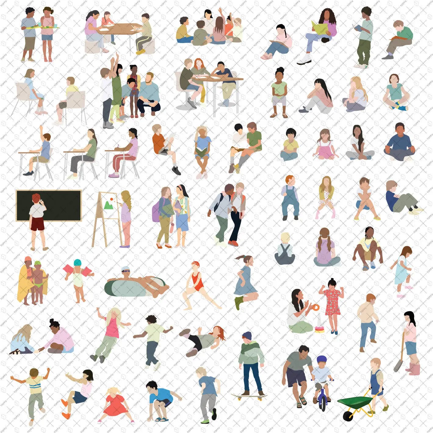 Flat Vector Kids Mega Pack (57 Figures) Digital Artwork drawings | Toffu Co