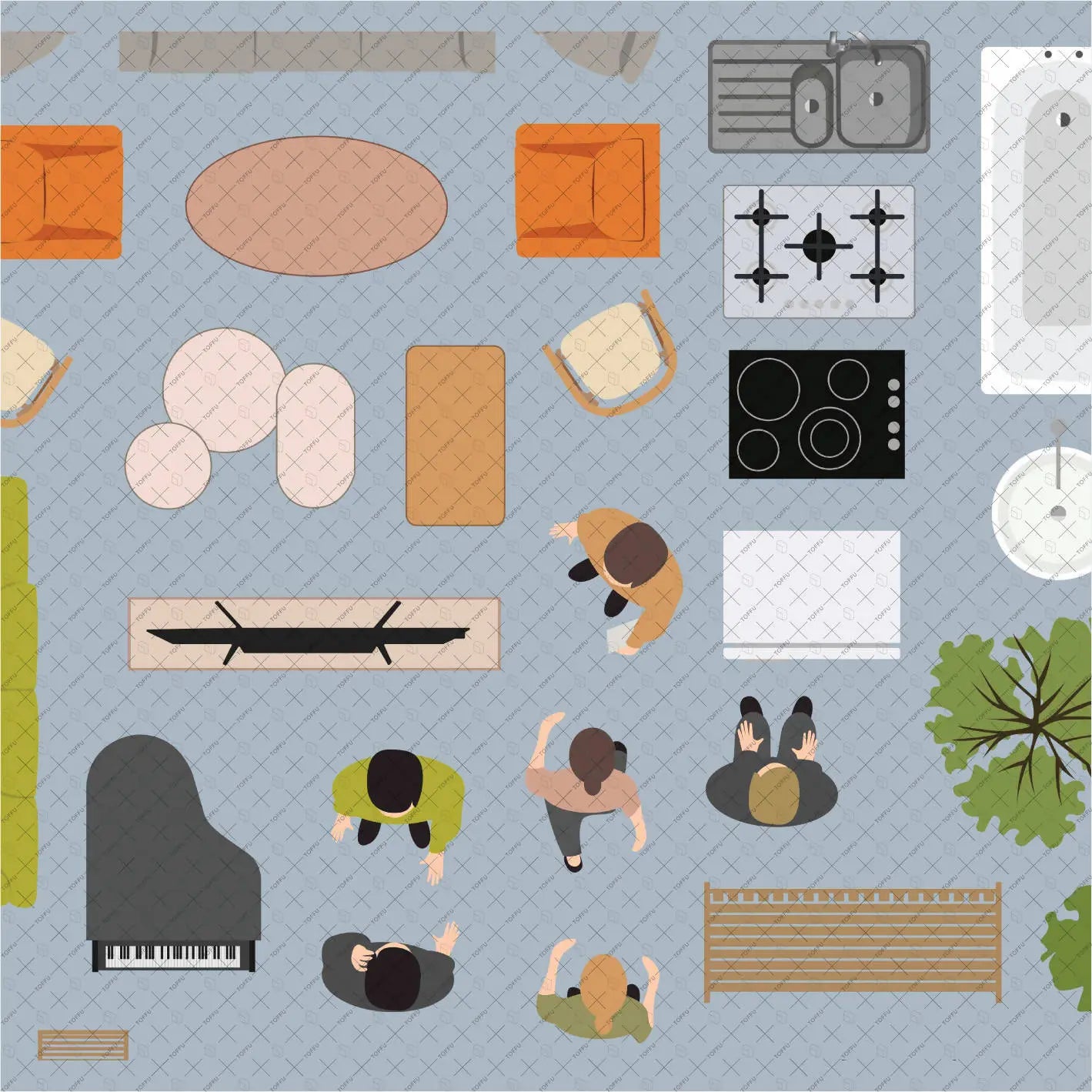 Flat Vector Top View House Objects Digital Artwork drawings | Toffu Co