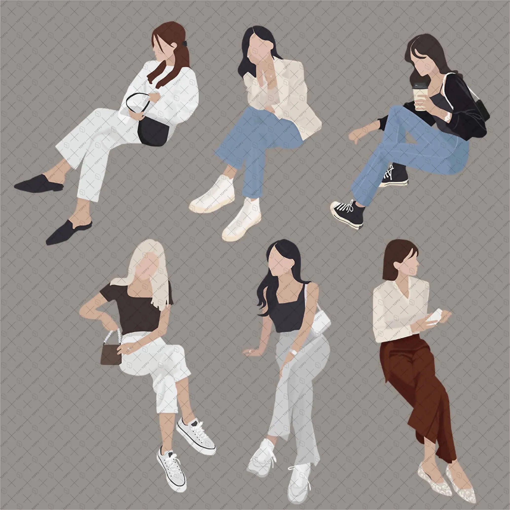 Flat Vector Sitting Girls Pack Digital Artwork drawings | Toffu Co