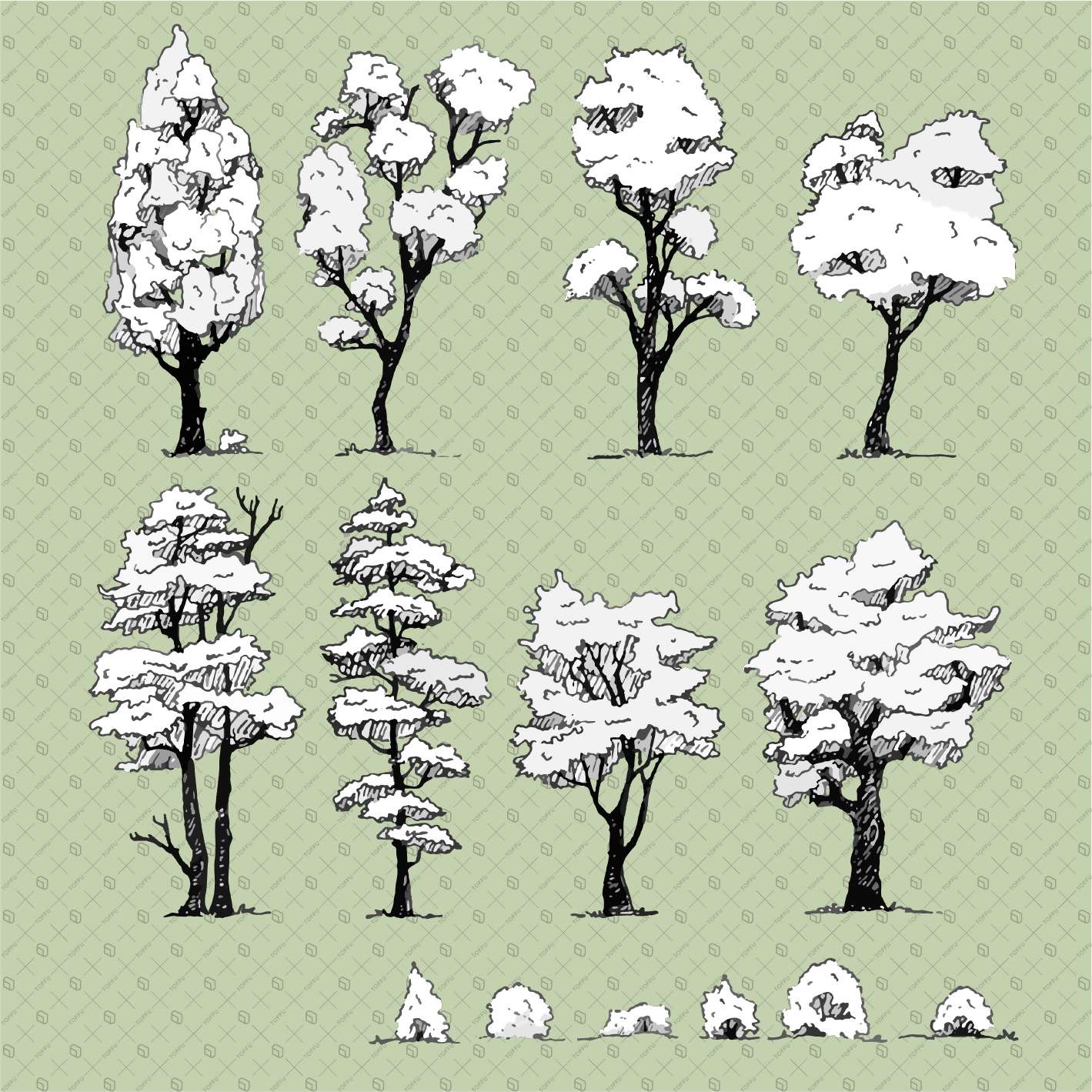 Flat Vector Freehand Trees and Bushes PNG - Toffu Co