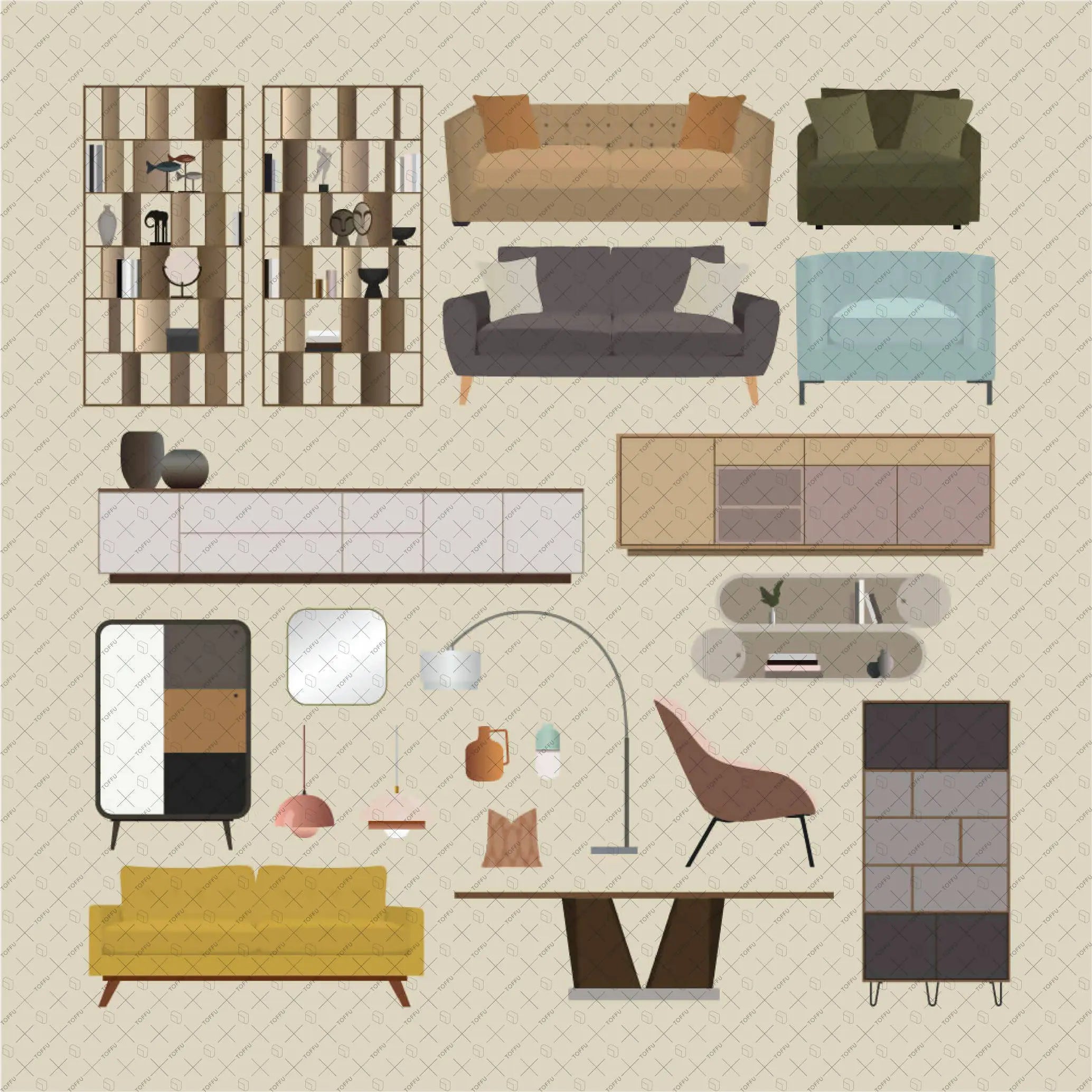 Flat Vector Furniture and Decorations Pack Digital Artwork drawings | Toffu Co