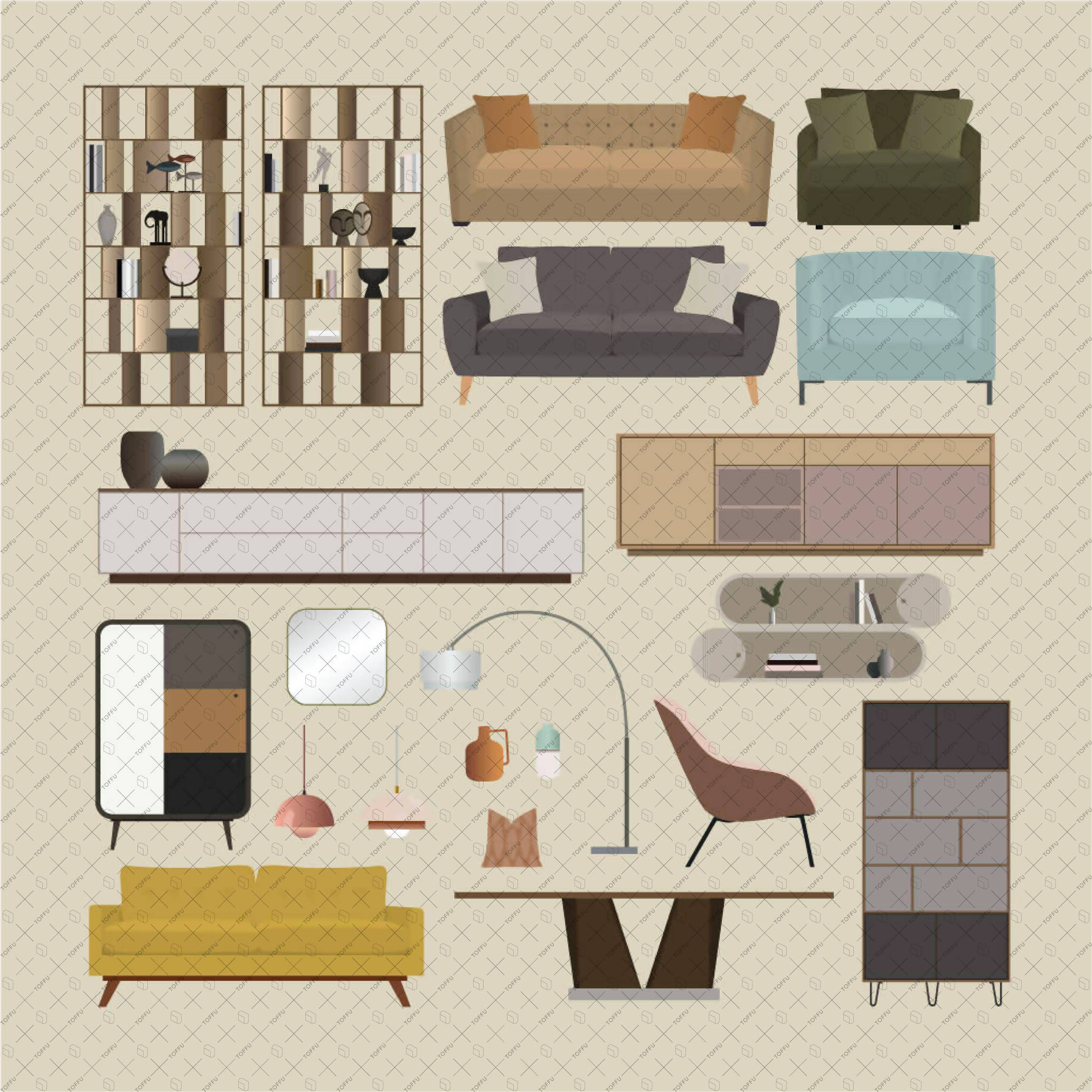 Flat Vector Furniture and Decorations Pack PNG - Toffu Co