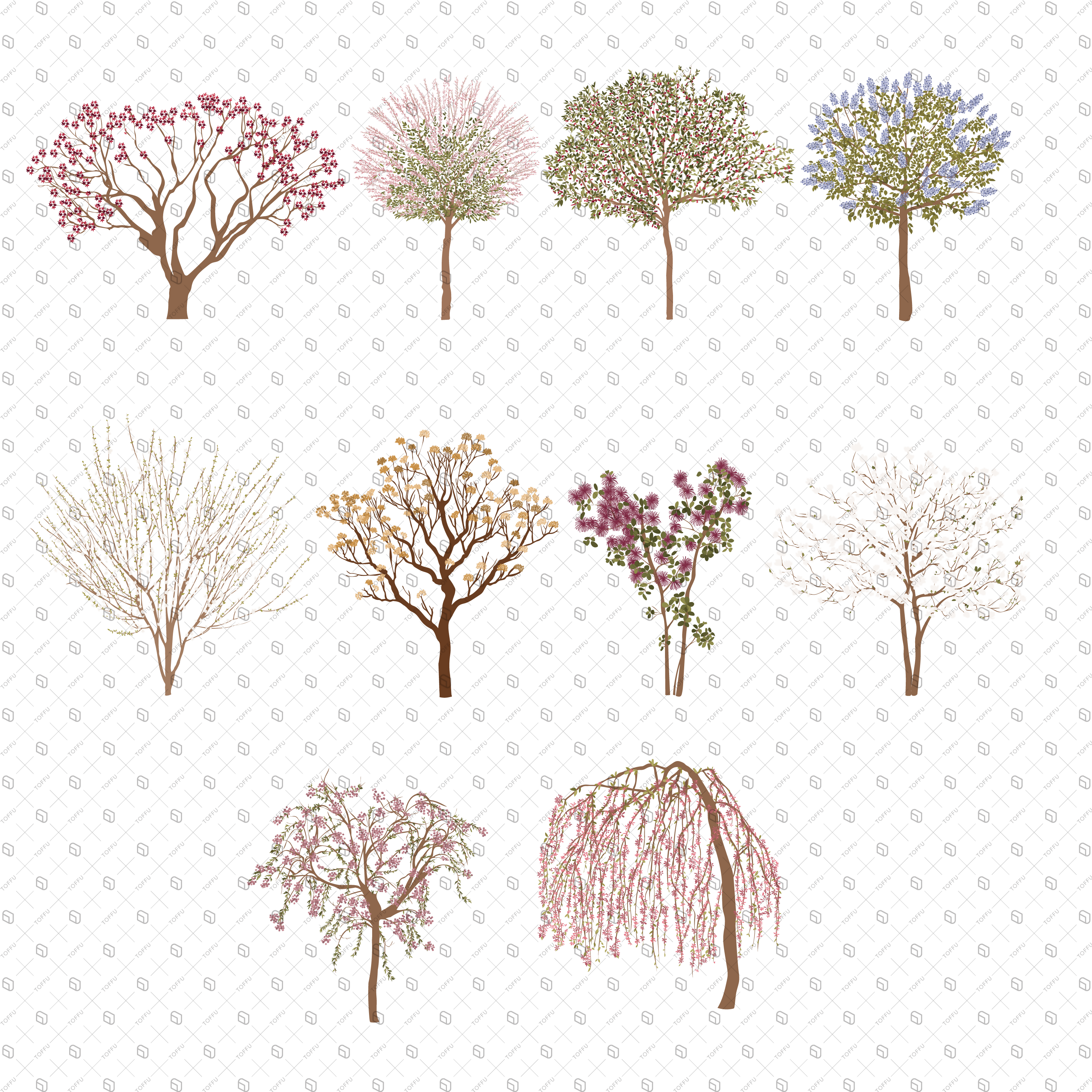 Flat Vector Floral Trees PNG - Toffu Co