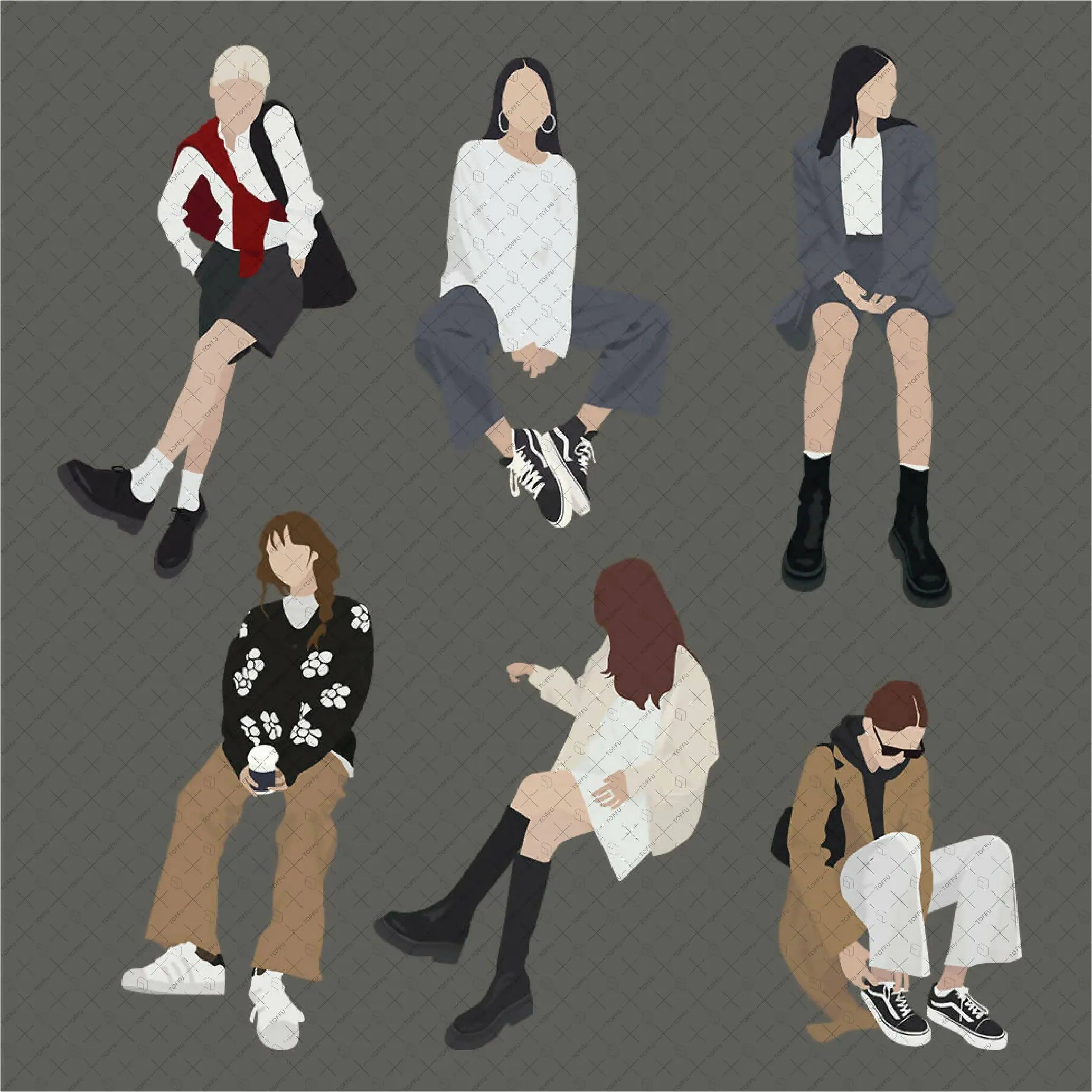 Flat Vector Sitting Girls Pack II Digital Artwork drawings | Toffu Co