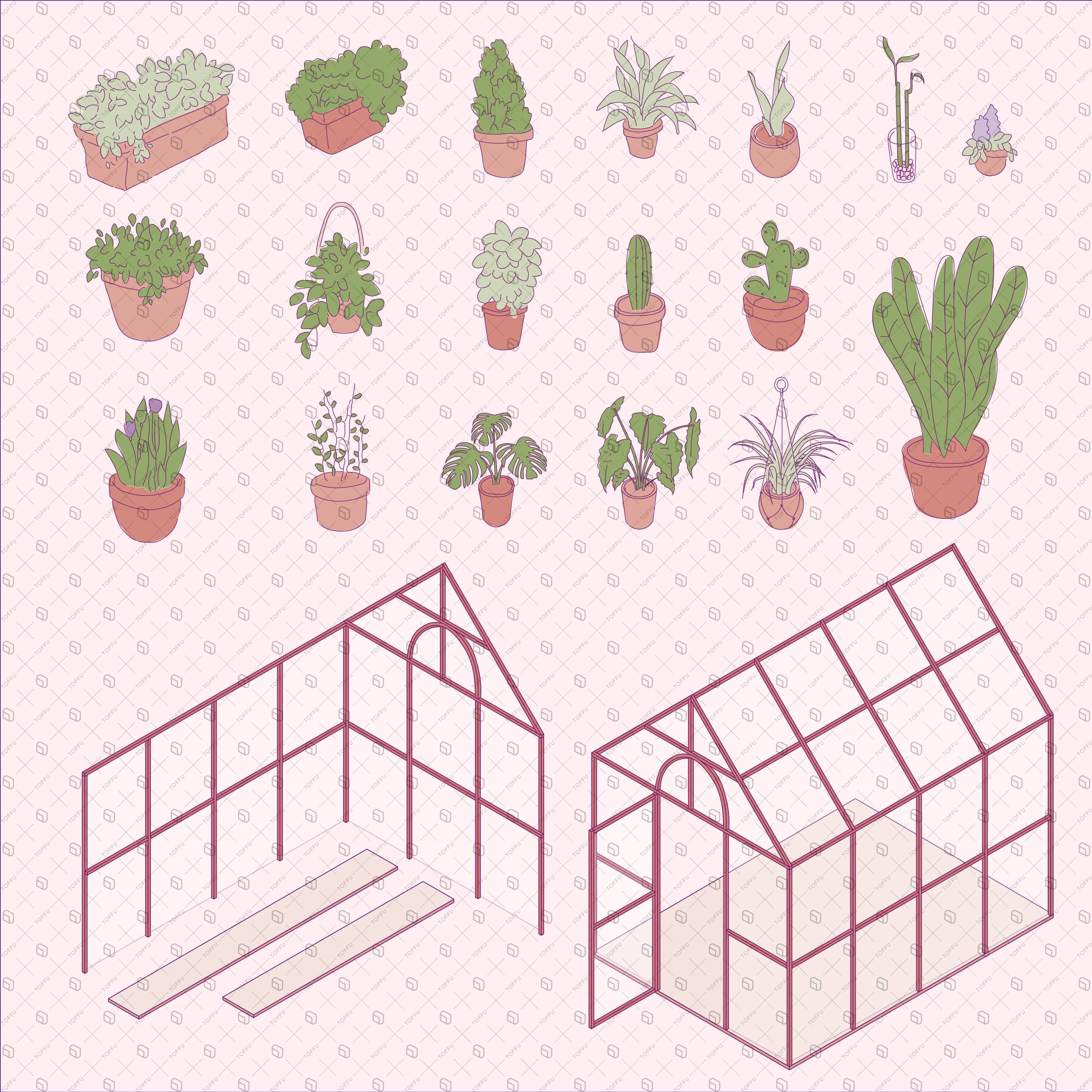 Axonometric Greenhouse And Potted Plants PNG - Toffu Co