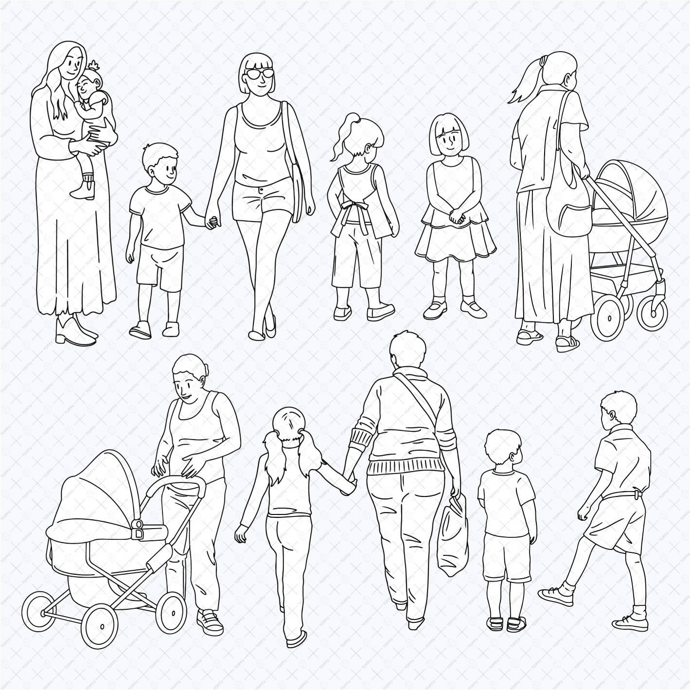 Flat Vector B&W Mother And Children PNG - Toffu Co