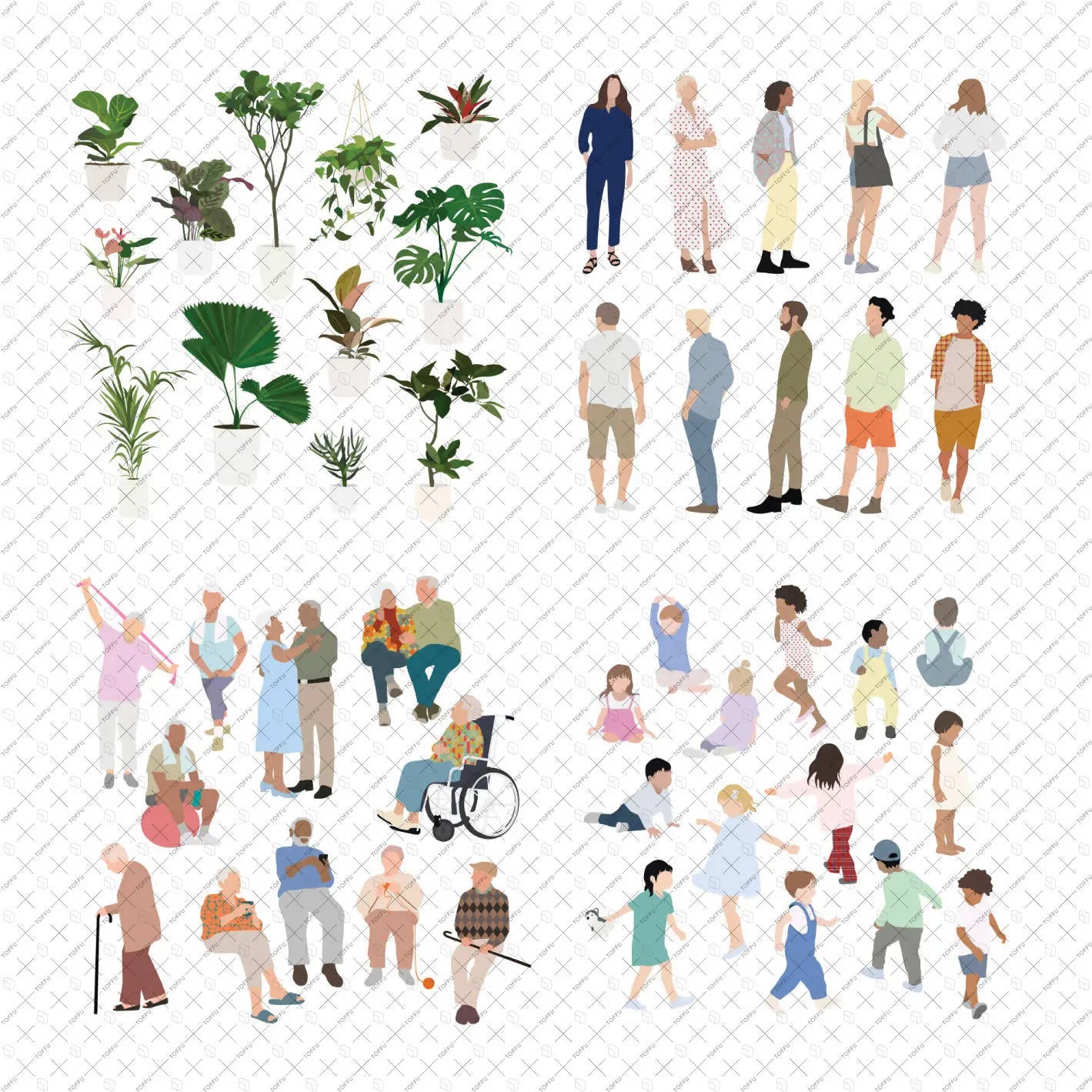 Flat Vector People and Plants Mega Pack (47 Figures) Digital Artwork drawings | Toffu Co