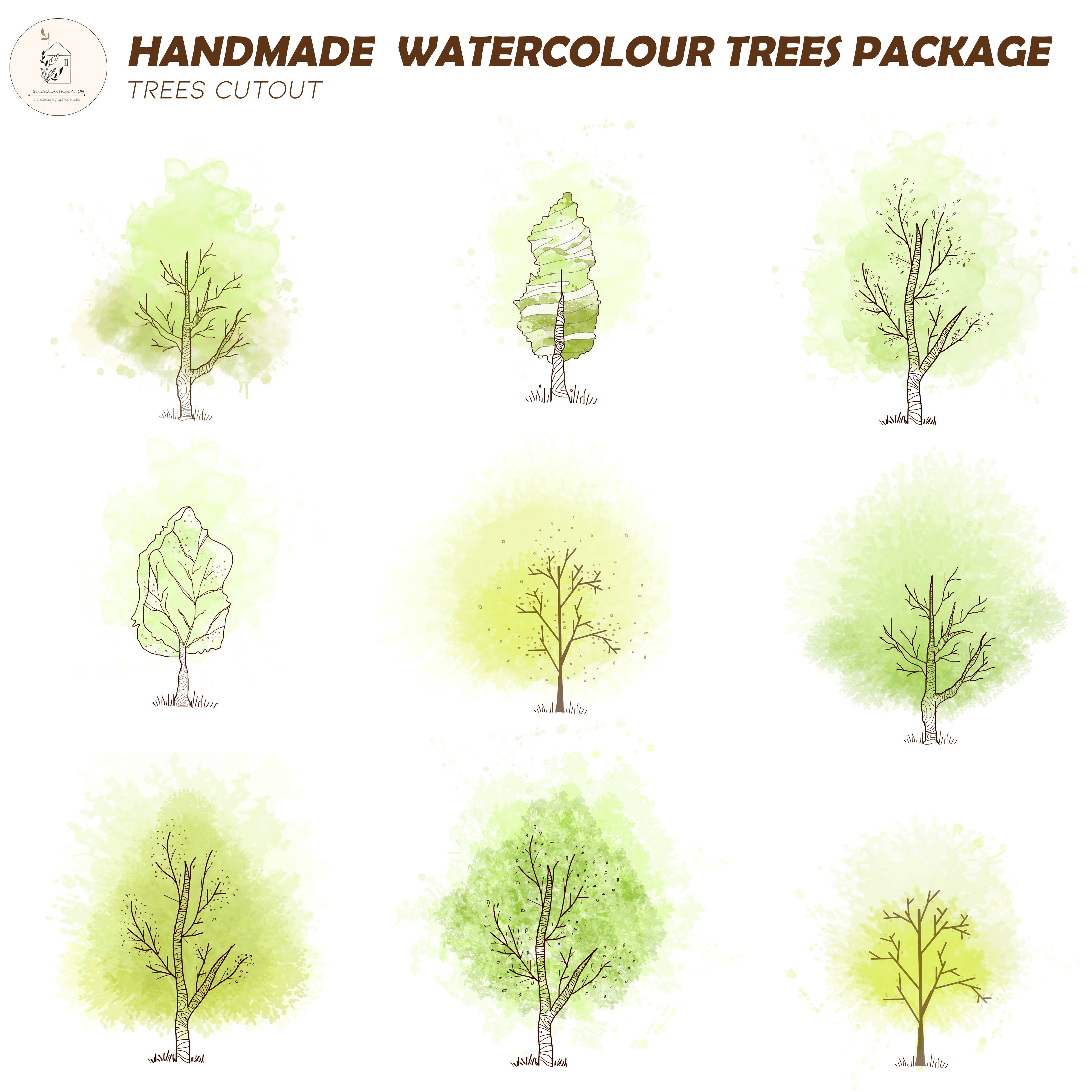 Cutout Handmade Watercolor Trees Pack PSD | Toffu Co